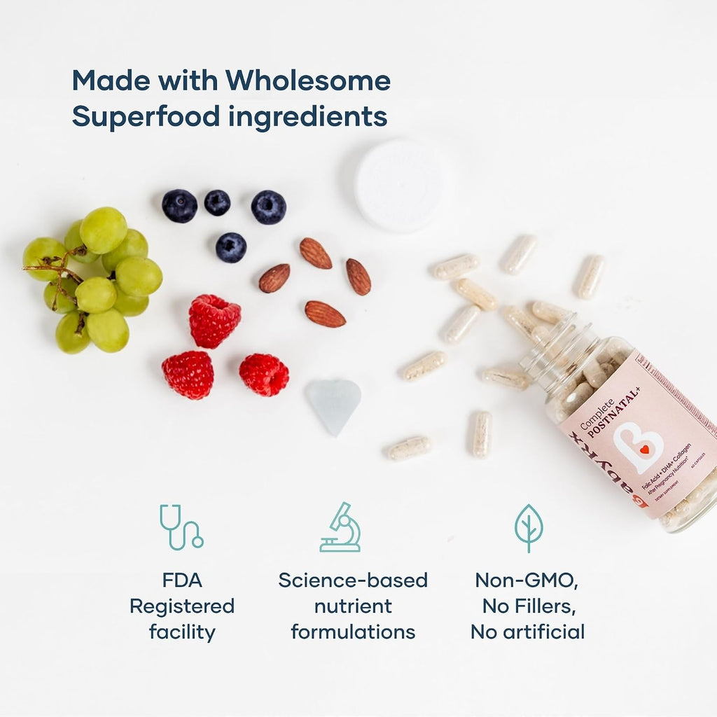 BabyRx Complete Postnatal+ - Vitaminas Postnatales con Omega-3 DHA, EPA, Colágeno, Ácido Fólico y Hierro - 60 Cápsulas (30 Días)