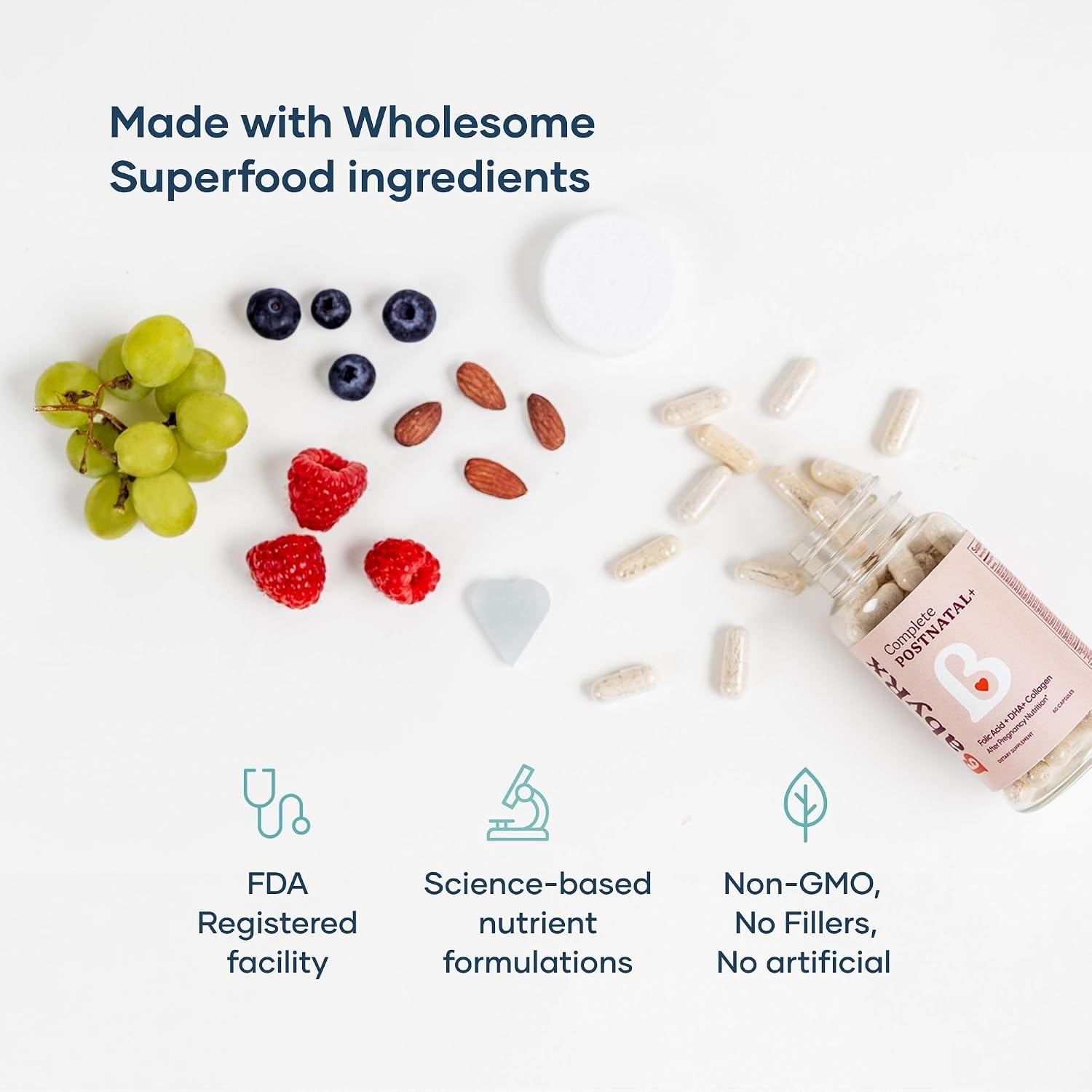 BabyRx Complete Postnatal+ - Vitaminas Postnatales con Omega-3 DHA, EPA, Colágeno, Ácido Fólico y Hierro - 60 Cápsulas (30 Días)