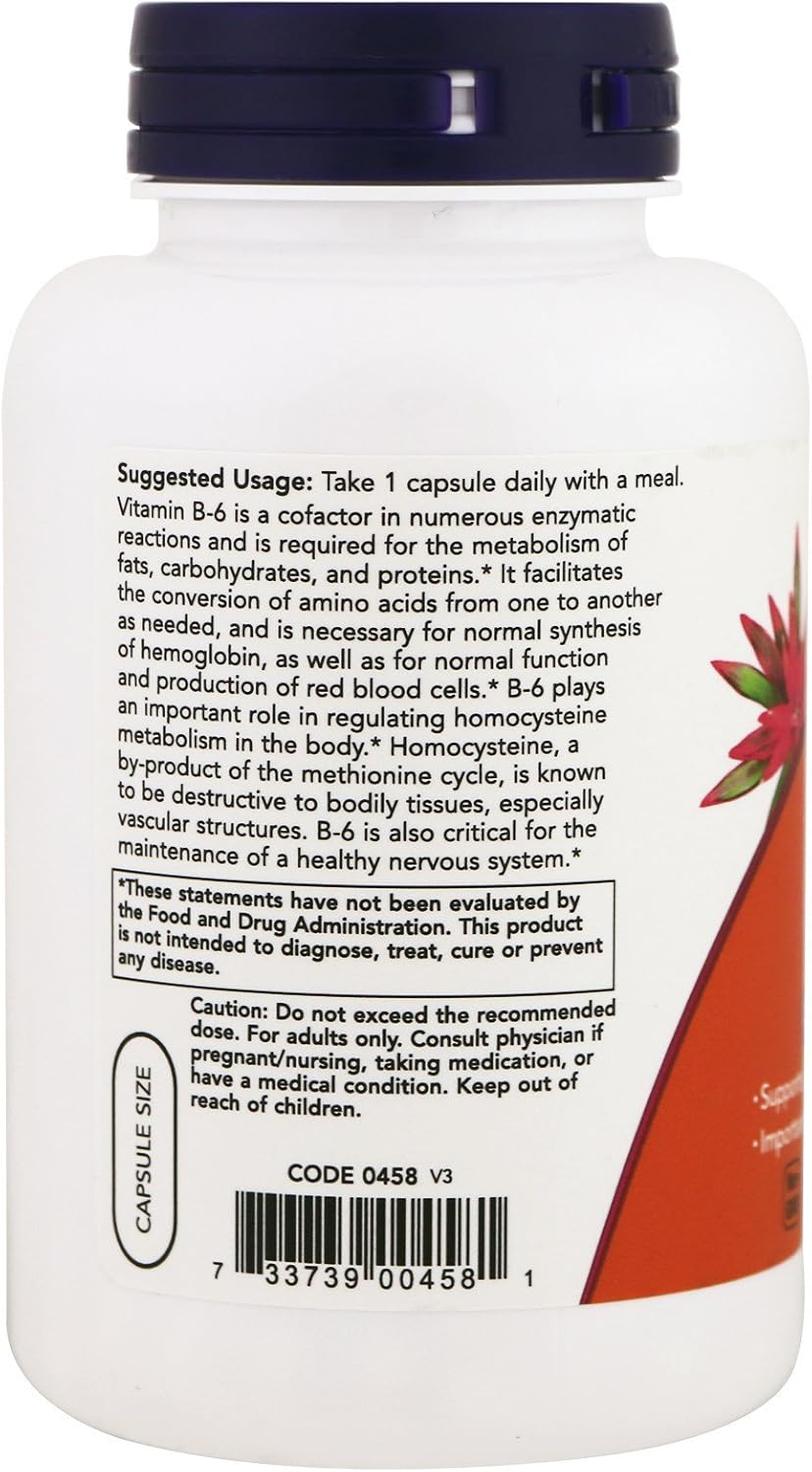 NOW Foods B-6, 100 mg, 250 Cápsulas Veganas
