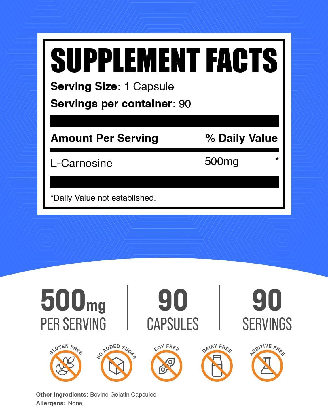 BulkSupplements L-Carnosina 500mg Cápsulas - Complemento Alimenticio, Sin Gluten, 90 Cápsulas