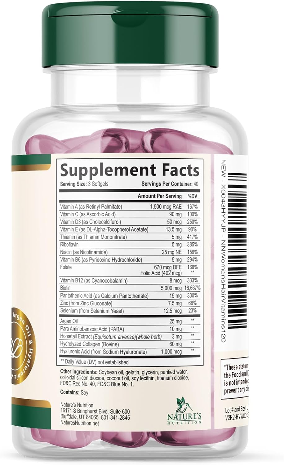 Nature's Nutrition - Biotina 5000 mcg con Colágeno y Ácido Hialurónico para Cabello, Piel y Uñas - 120 Cápsulas Blandas