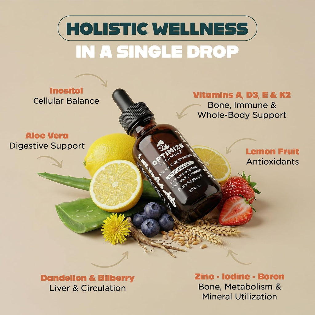 Optimize Vitaminz Líquido Vitamina D3 K2 con Diente de León y Arándano – Apoyo Inmunitario, Huesos e Hígado – Fórmula MK-7 de Rápida Absorción – 30 Días, 60 ml