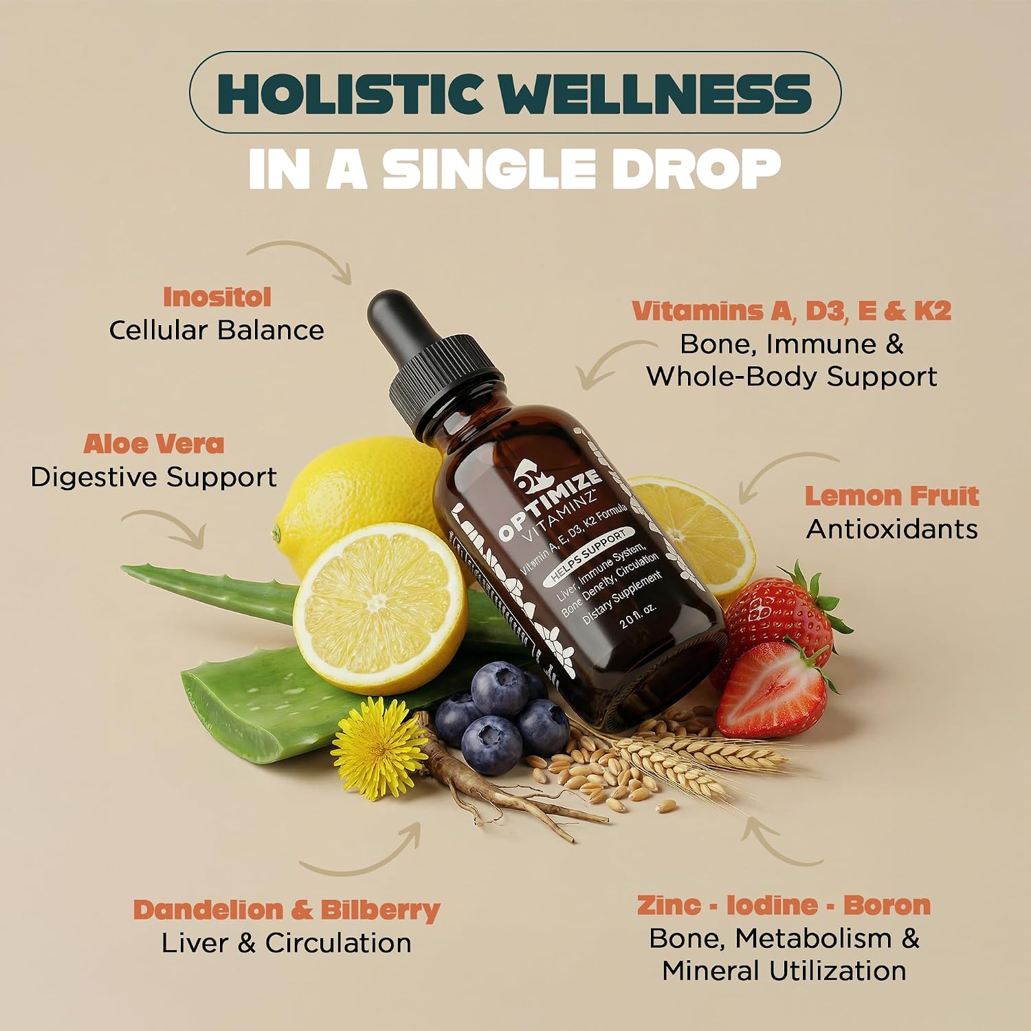 Optimize Vitaminz Líquido Vitamina D3 K2 con Diente de León y Arándano – Apoyo Inmunitario, Huesos e Hígado – Fórmula MK-7 de Rápida Absorción – 30 Días, 60 ml