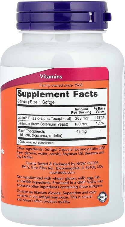 Now Foods, Vitamina E 400 UI con Tocoferoles Mixtos y Selenio, 100 Cápsulas Blandas – Image 2