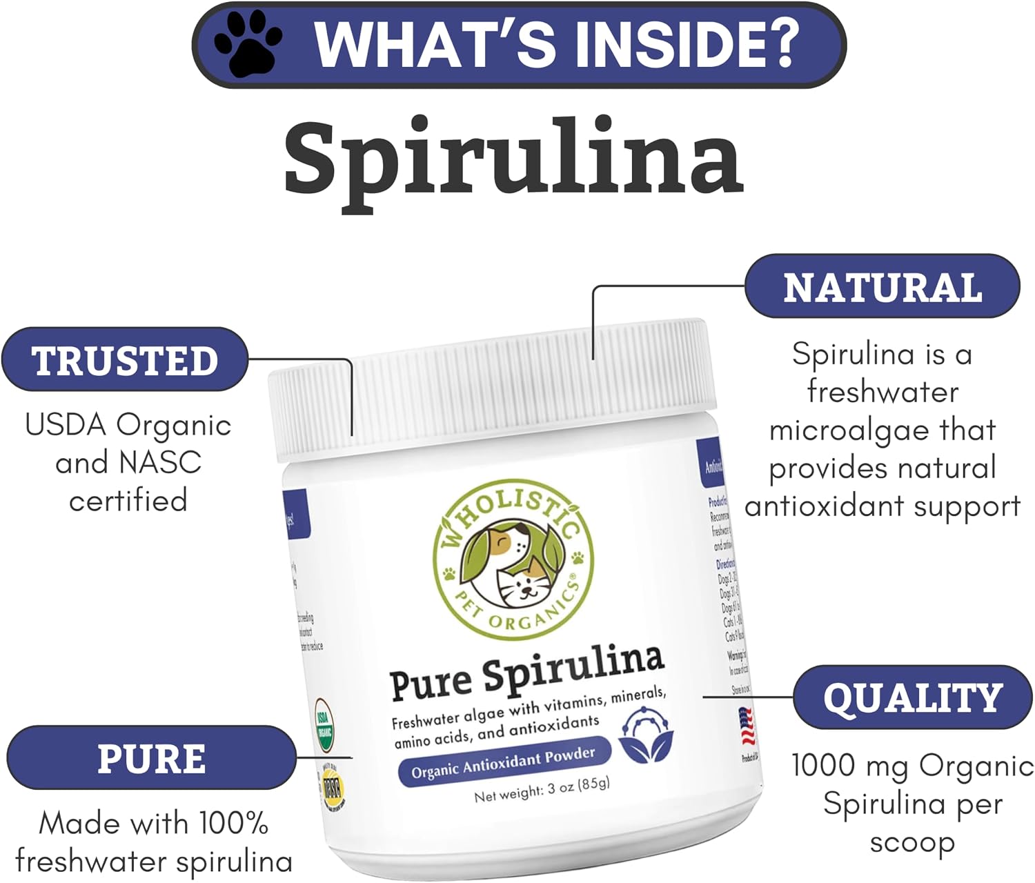 Wholistic Pet Organics Espirulina en Polvo para Perros y Gatos - 85 Dosis