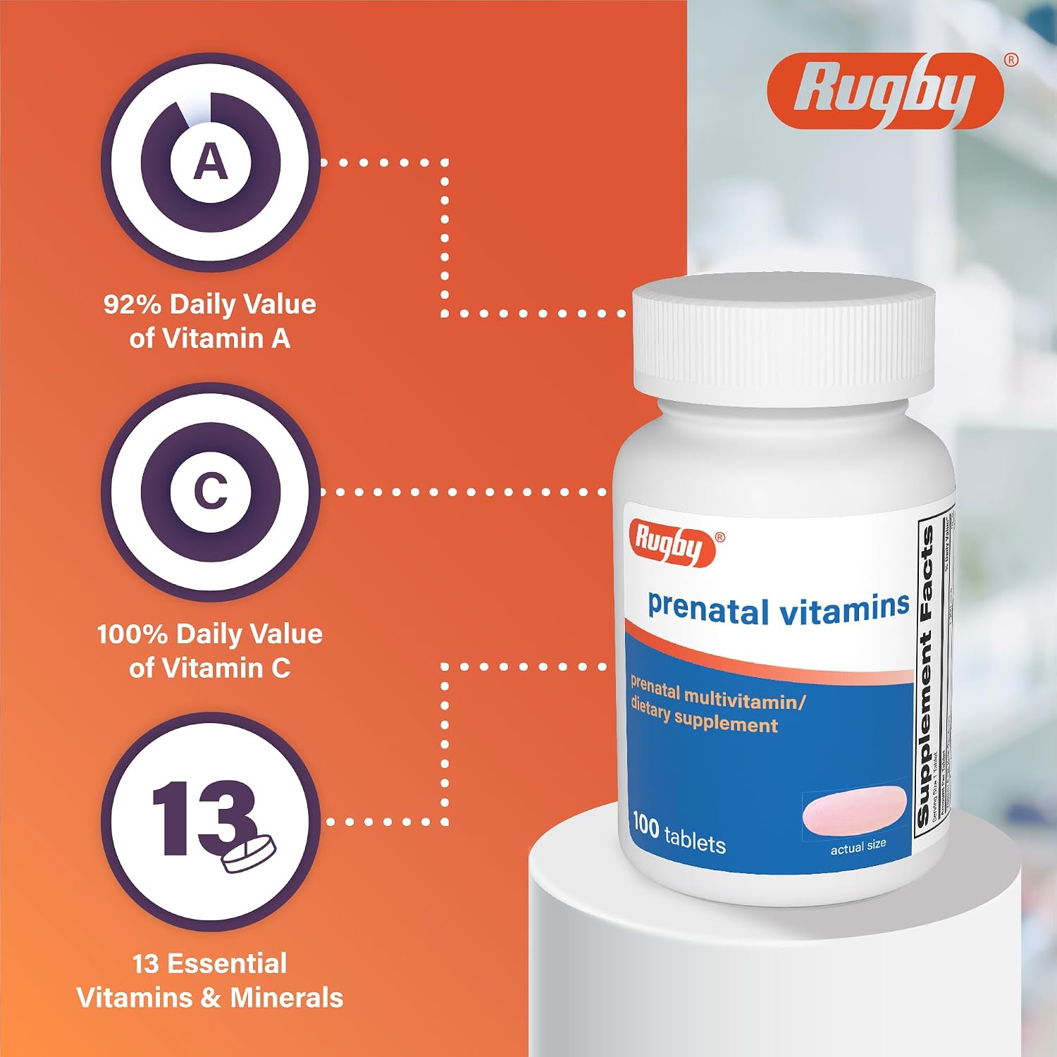 Rugby Prenatal Vitamins - Suplemento Multivitamínico y Mineral - 100 Tabletas (Pack de 3)