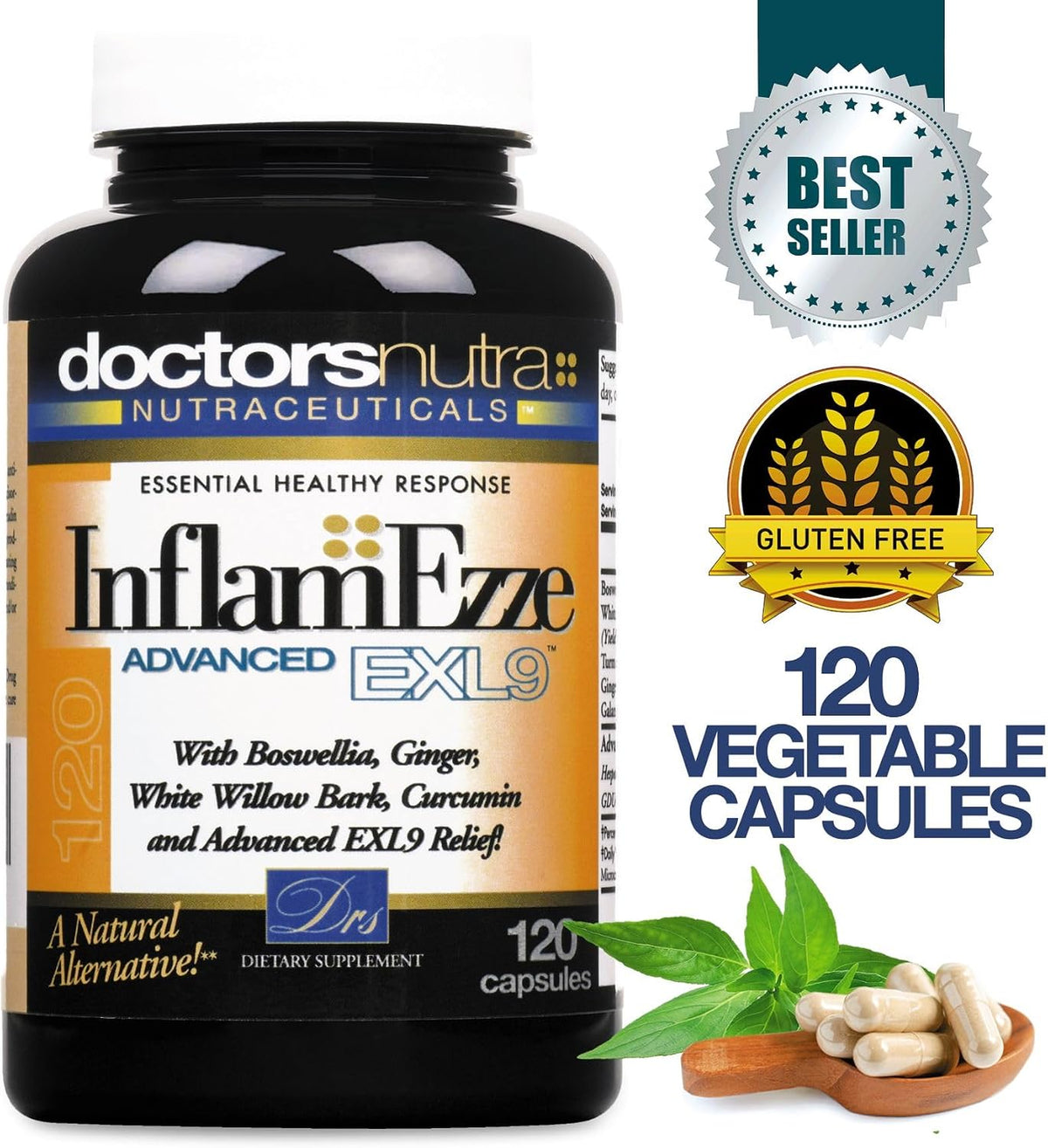 InflamEzze - Suplemento de Cúrcuma, Curcumina y Jengibre - Sin Gluten (120 Cápsulas) – Image 2