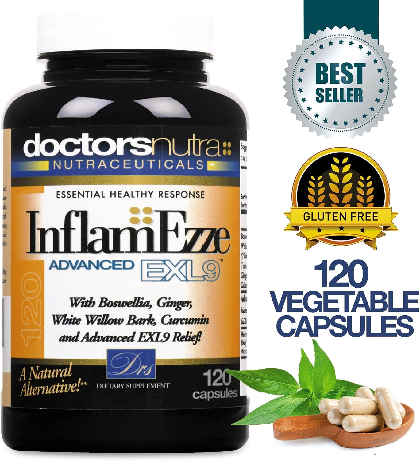 InflamEzze - Suplemento de Cúrcuma, Curcumina y Jengibre - Sin Gluten (120 Cápsulas)