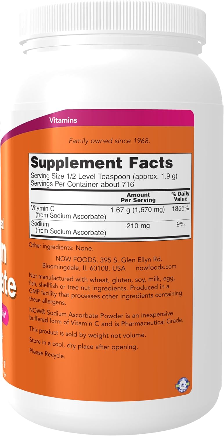 NOW Foods Sodium Ascorbate Powder - Buffered Vitamin C - 1.36 kg (3 lbs)