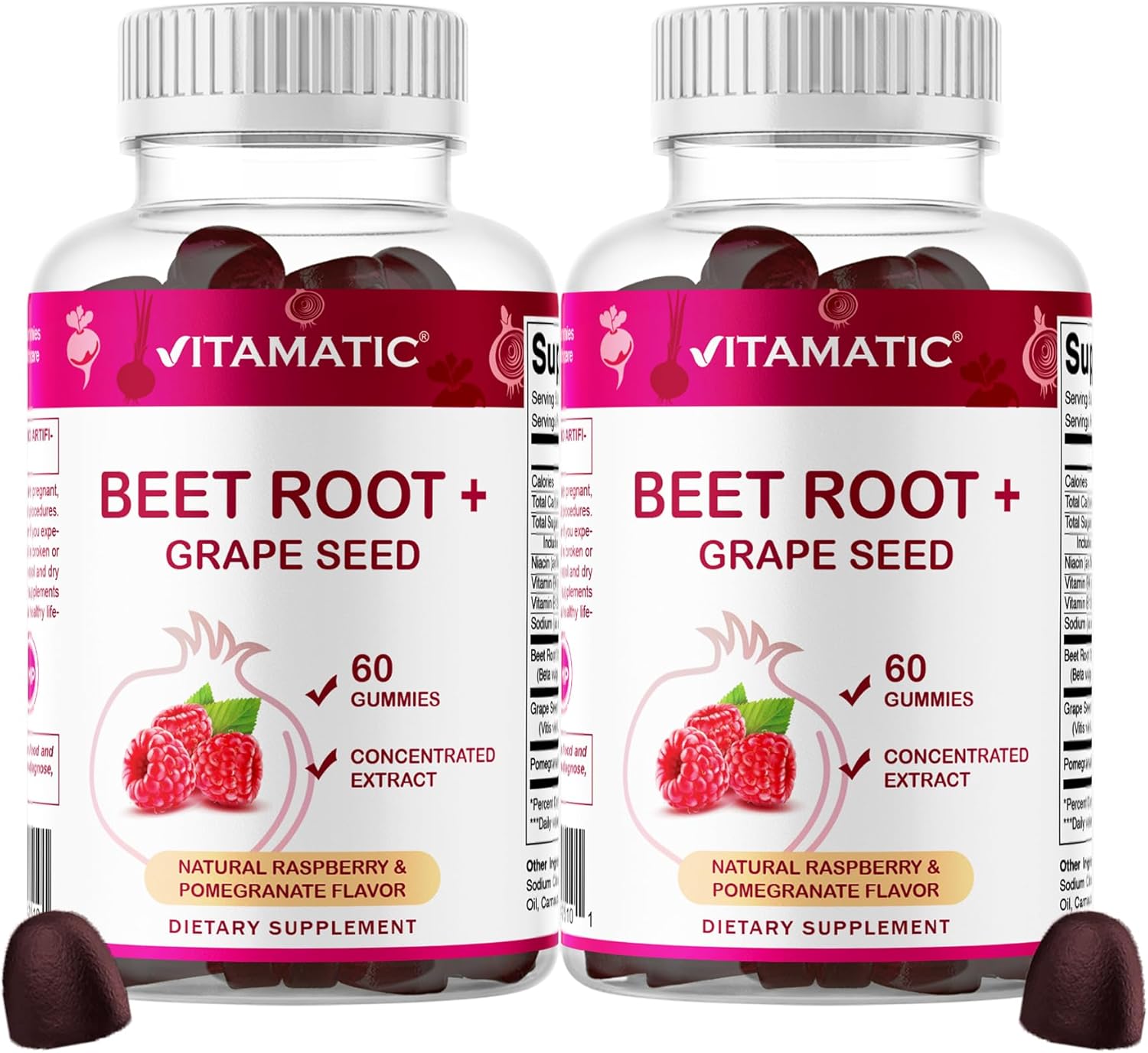 Vitamatic Gomas de Remolacha con B6, B12, Pepita de Uva, Granada y Niacina - 2 Paquetes (120 Gomas)