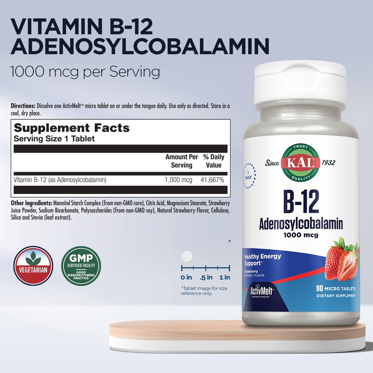 KAL Vitamina B12 Adenosilcobalamina 1000 mcg - 90 Comprimidos ActiveMelt