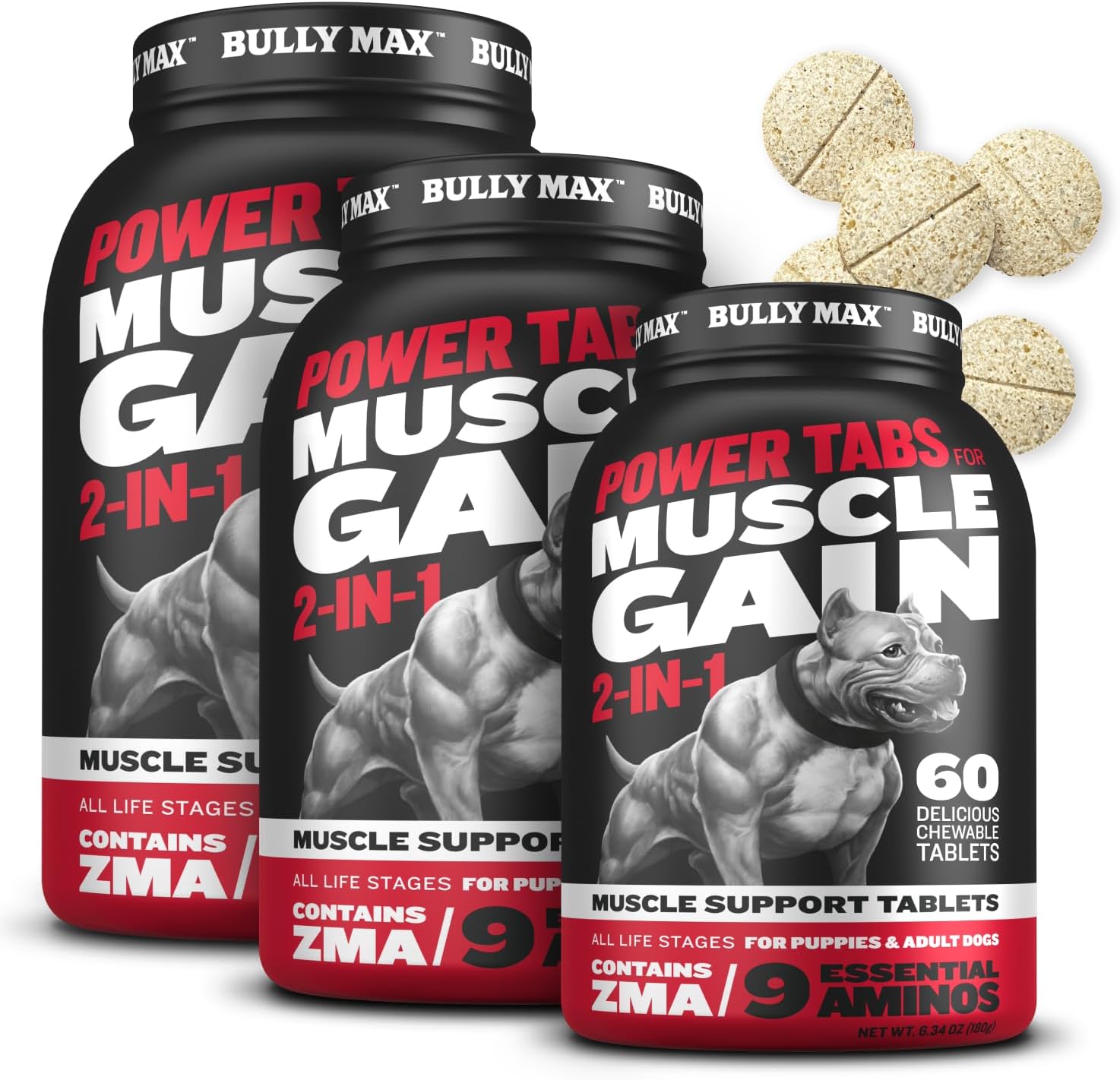 Bully Max 2-en-1 Tabletas Masticables para Perros - Vitaminas y Suplementos para Aumento de Masa Muscular y Crecimiento - Multivitamínico Canino para Todas las Razas y Edades - 60 Comprimidos, 3 Botellas