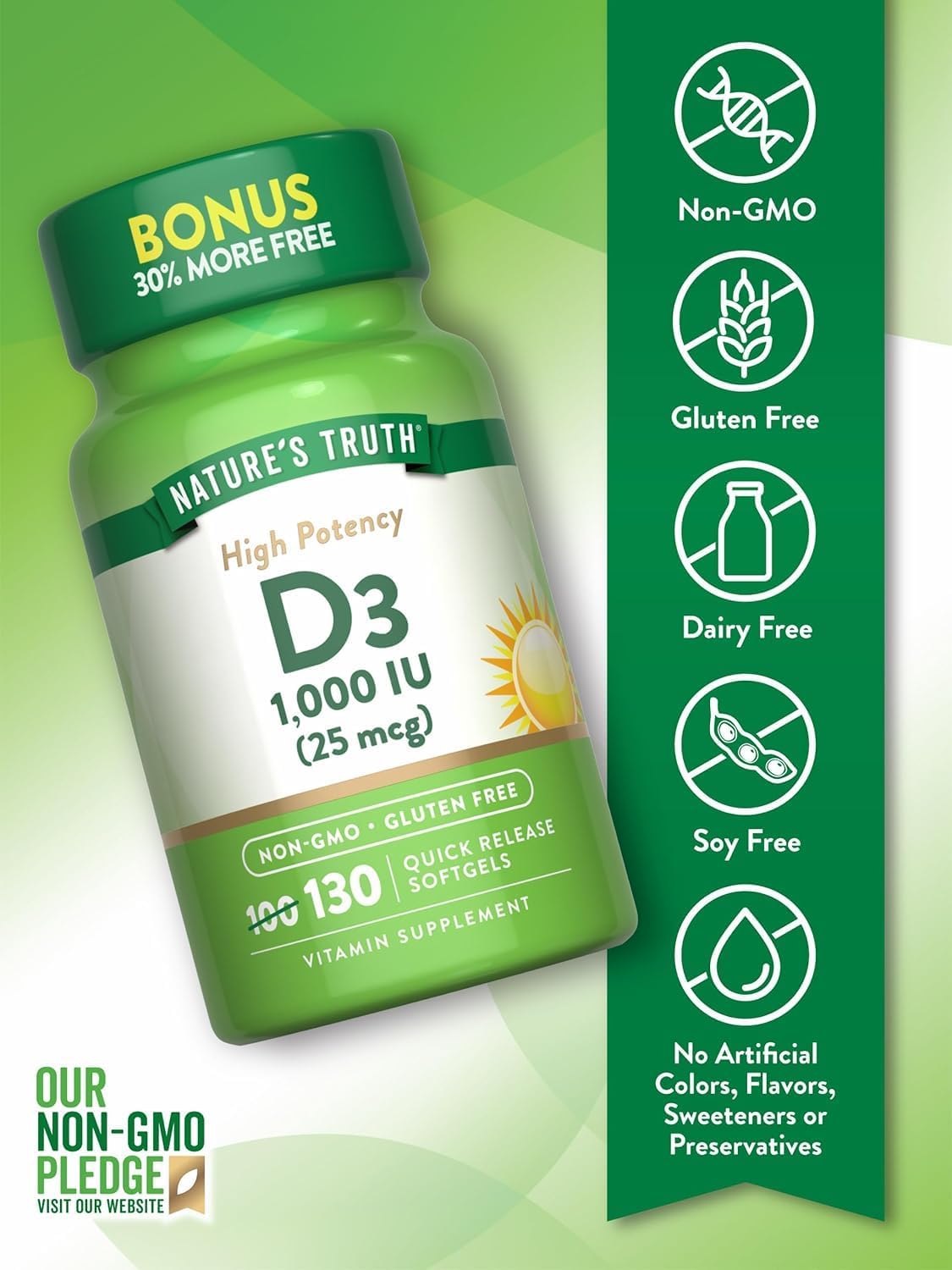 Nature's Truth Vitamina D3 1000 UI, 130 comprimidos (Pack de 3)