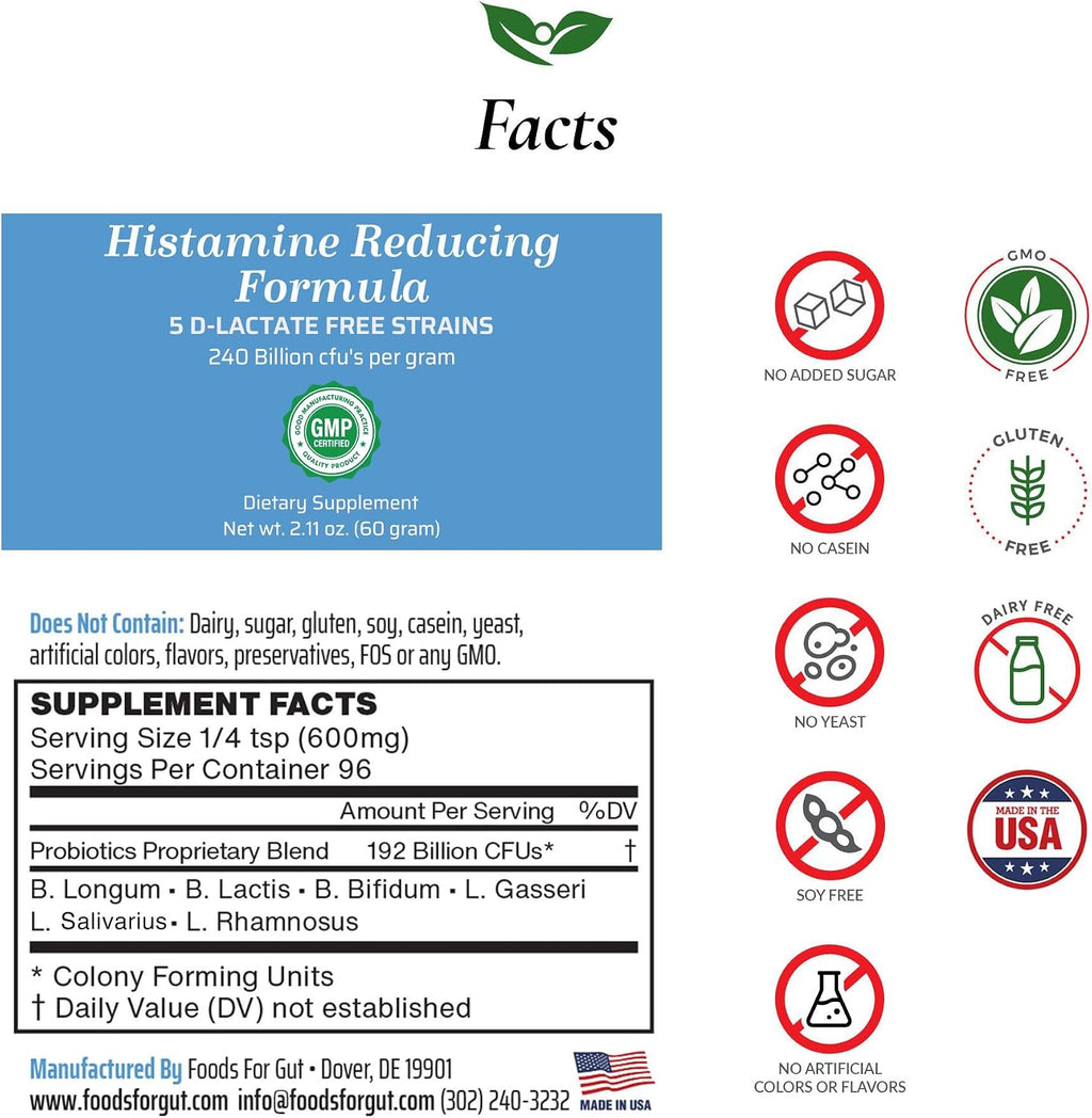 Foods For Gut Probióticos en Polvo Histamina y D-Lactato Libre 240 Mil Millones UFC 60g