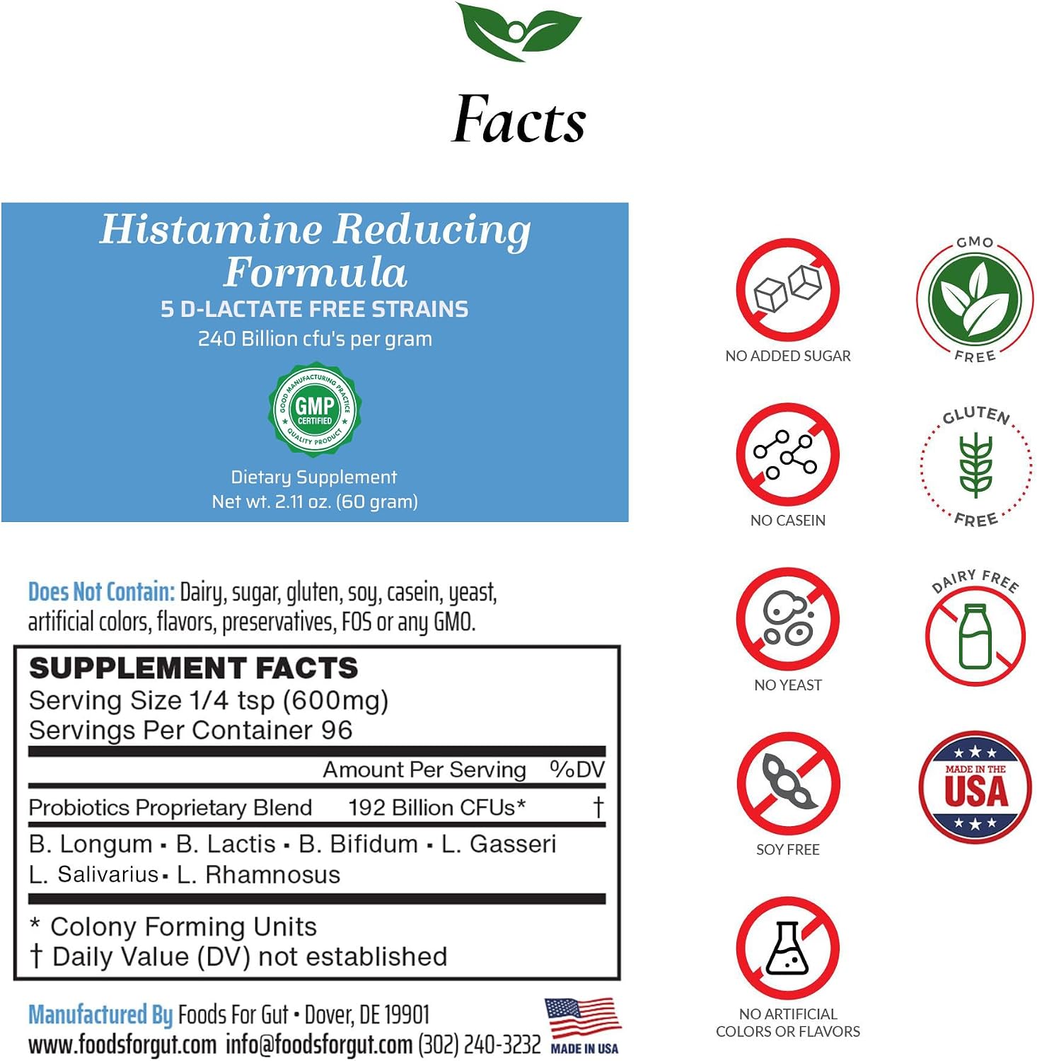 Foods For Gut Probióticos en Polvo Histamina y D-Lactato Libre 240 Mil Millones UFC 60g