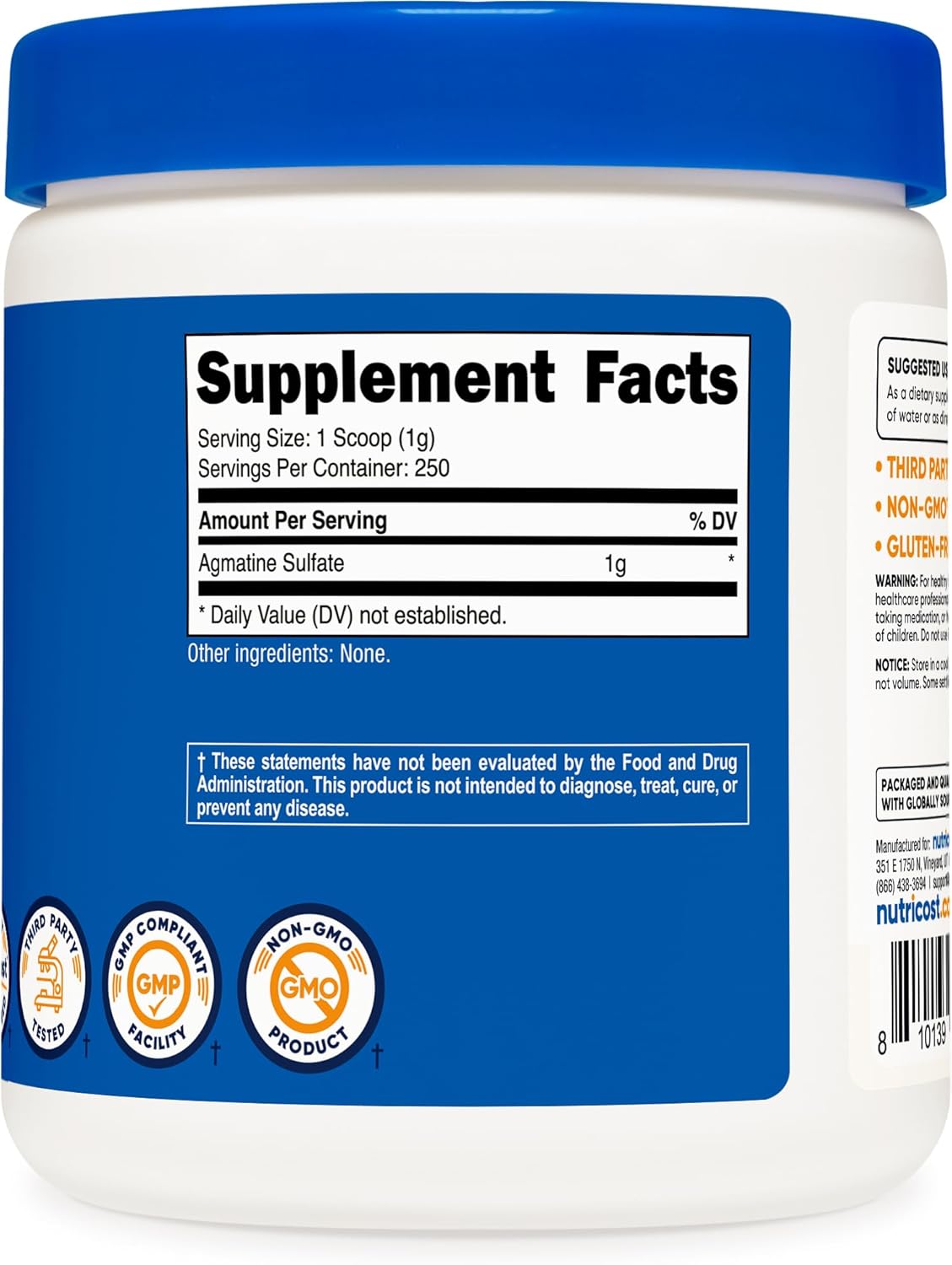 Agmatine Sulfate Puro en Polvo - 250 Gramos - Nutricost