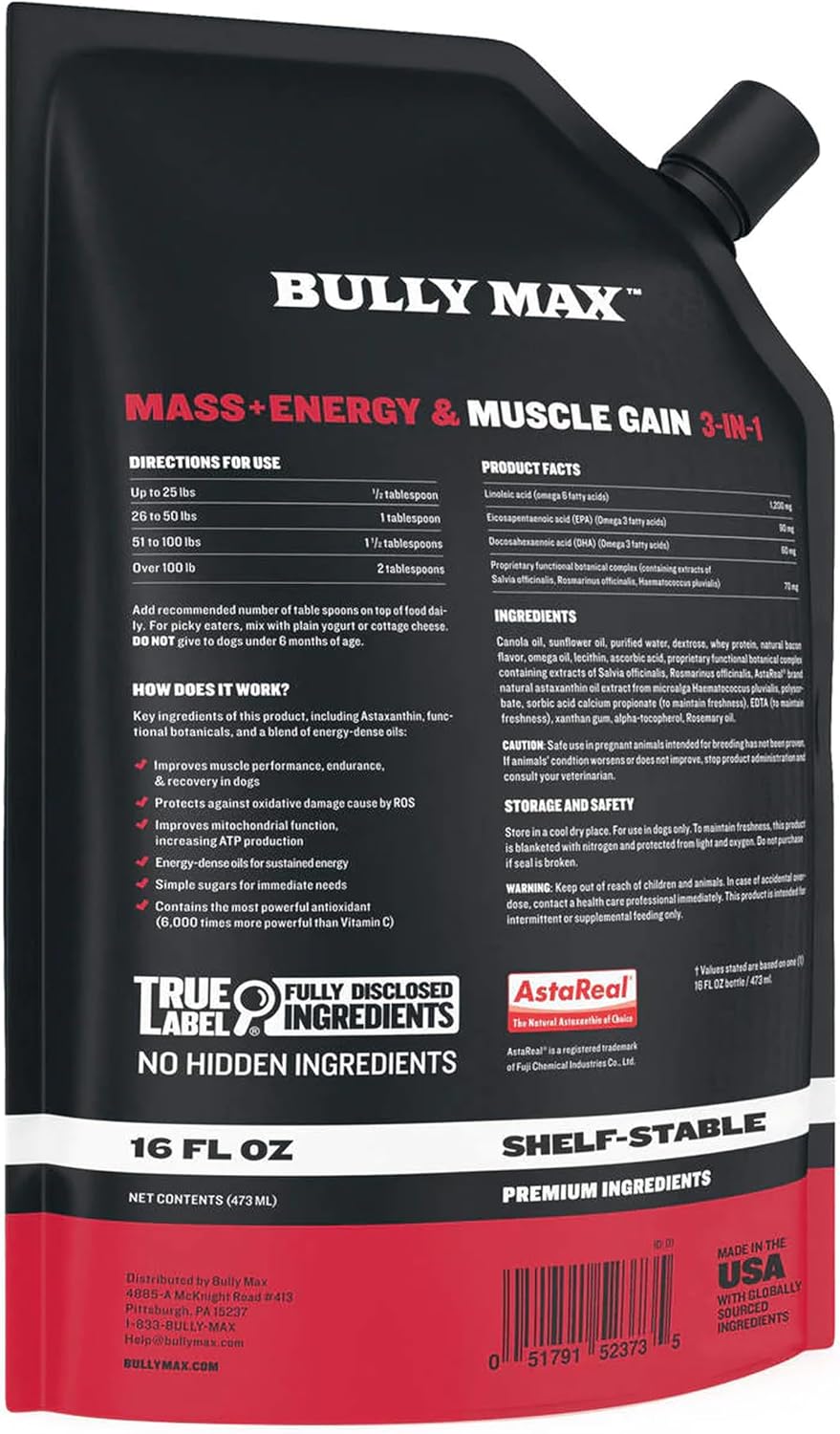 Bully Max 3-en-1 Líquido Constructor Muscular para Perros y Cachorros - Vitaminas y Suplementos Caninos