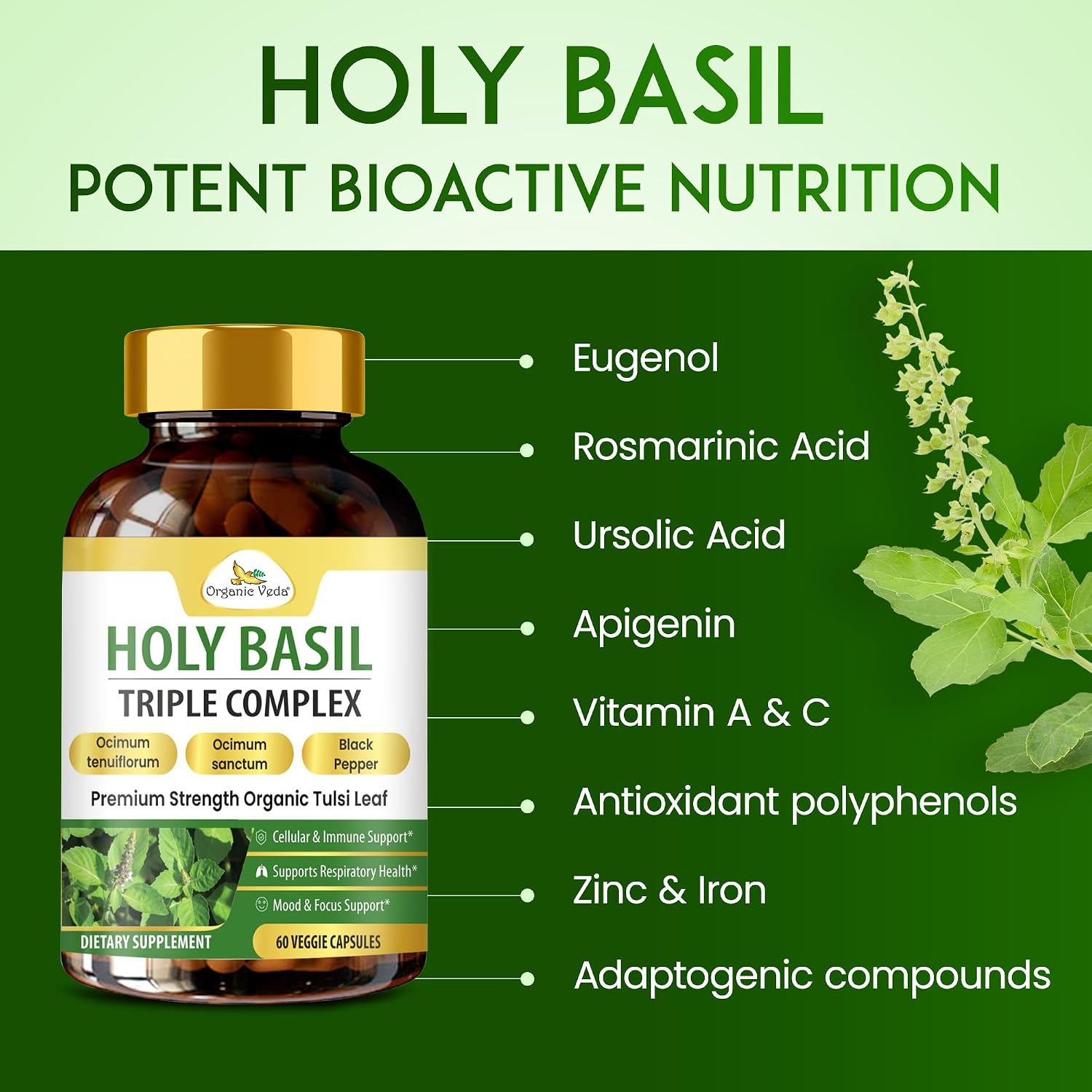 Cápsulas de Albahaca Sagrada (Tulsi) Organic Veda - Complemento Alimenticio con Pimienta Negra - 60 Cápsulas Veganas