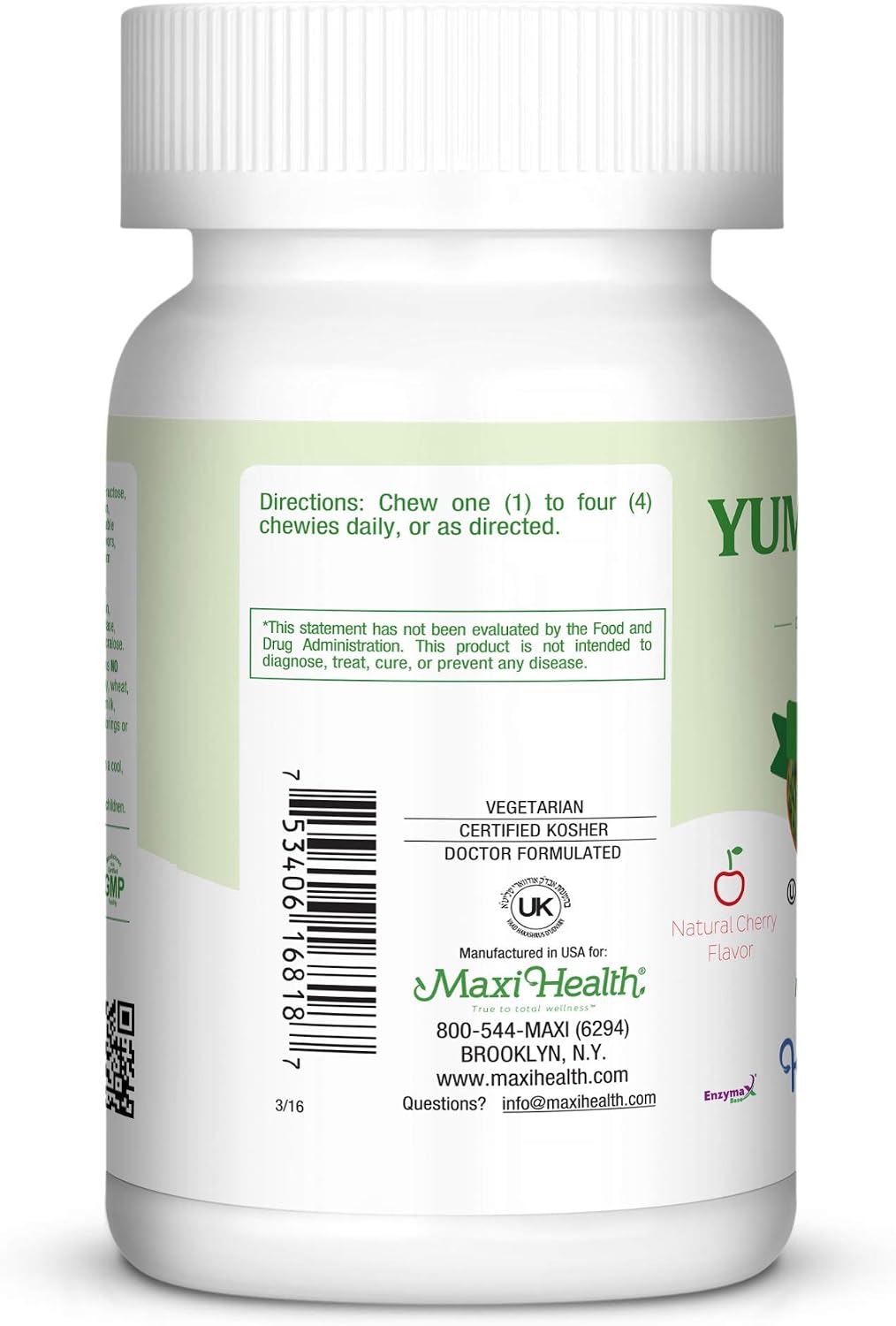 Maxi Health Vitamina C Masticable con Zinc - 180 Comprimidos Sabor Cereza - Kosher