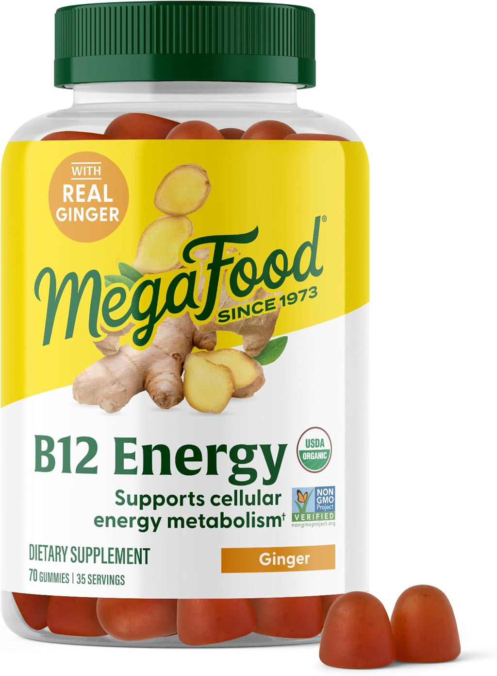 MegaFood Vitamina B12 Energy Gummies - Vegano - Con Metil B12 - Jengibre - 70 Gominolas