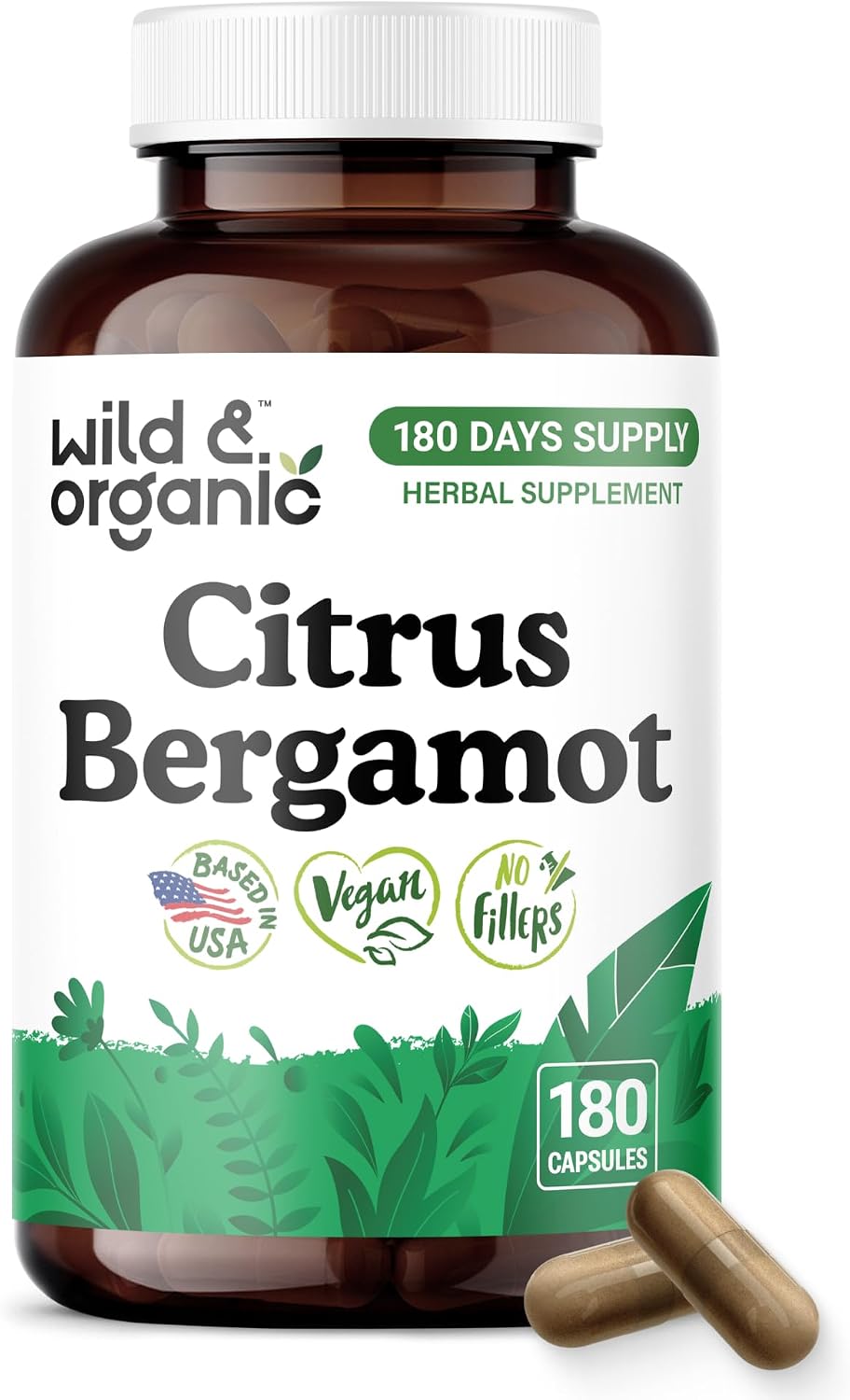 Wild & Organic Cápsulas de Bergamota Cítrica - Antioxidante y Apoyo General - Extracto de Citrus Bergamia - Vegano, Sin Rellenos, No GMO - 180 Cápsulas