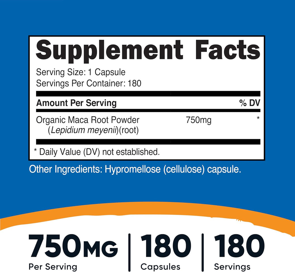 Organic Maca Root Capsules - Nutricost - 750mg, 180 Capsules