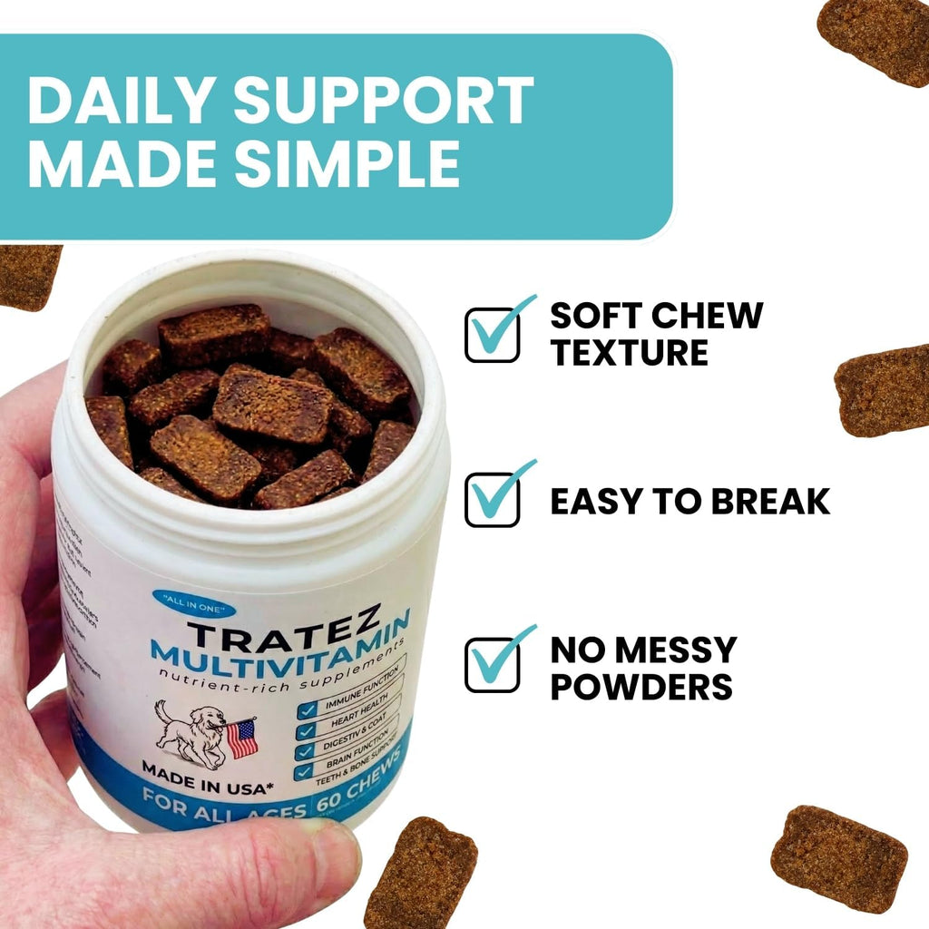 TRATEZ Multivitamínico para Perros 25-en-1 - Chews Blandos con Vitaminas y Minerales Esenciales, 60 Unidades