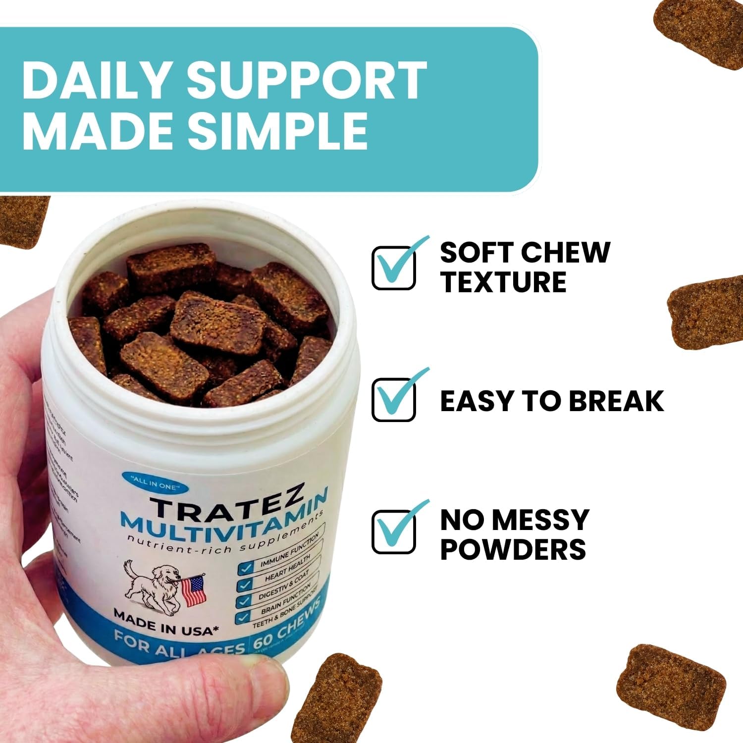 TRATEZ Multivitamínico para Perros 25-en-1 - Chews Blandos con Vitaminas y Minerales Esenciales, 60 Unidades