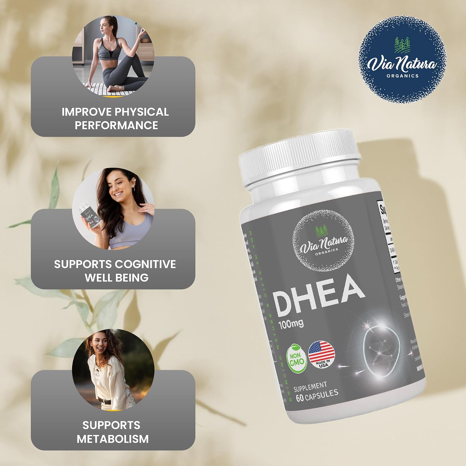 DHEA 100mg | Suplemento Non-GMO y Sin Gluten | 60 Cápsulas