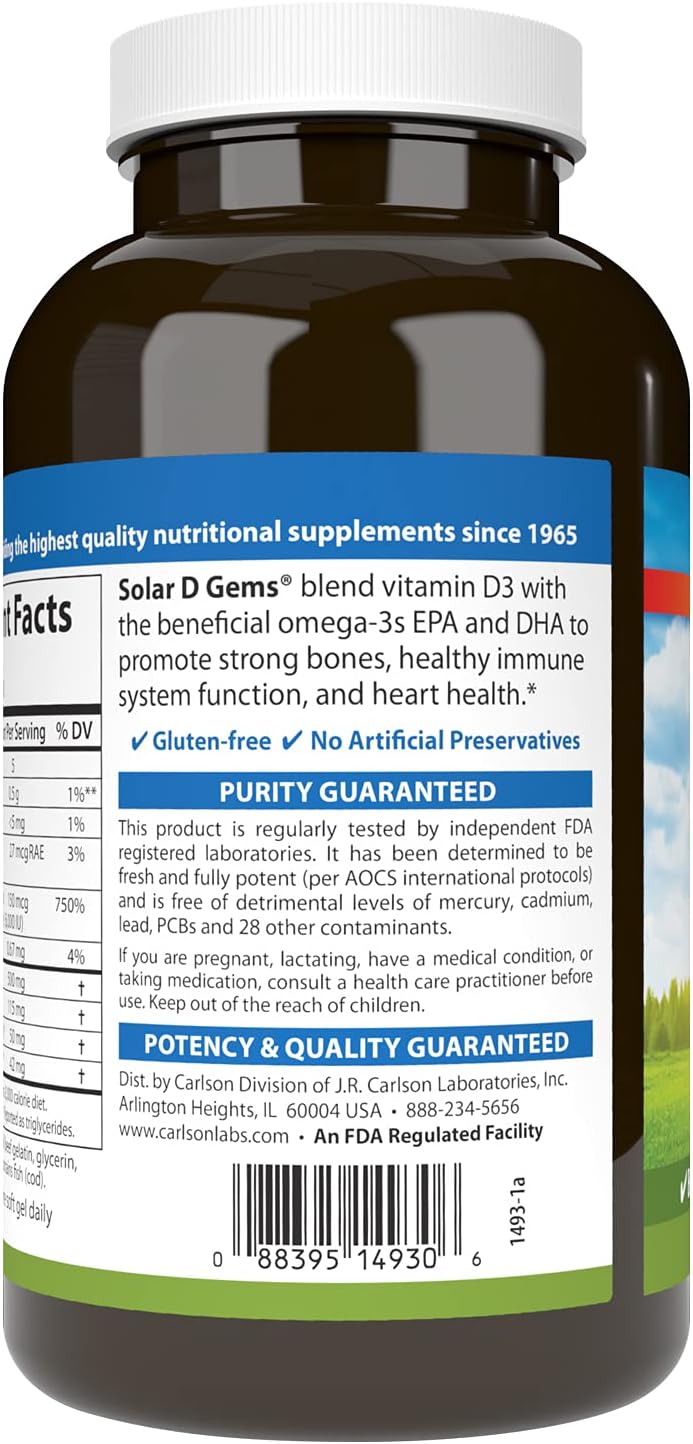 Carlson Solar D Gems - Vitamina D3 y Omega-3, 6000 IU (150 mcg) de D3 + 115 mg de EPA y DHA, 360 perlas blandas de sabor limón
