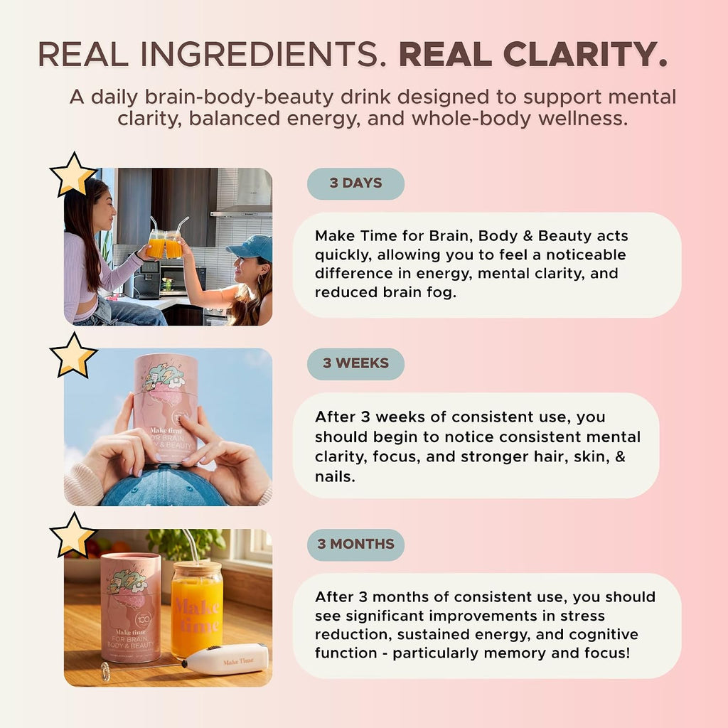 MAKE TIME Brain Health Powder - Suplemento en Polvo para Mujer (Salud Cerebral, Energía y Belleza) - 7.4 oz (30 raciones)
