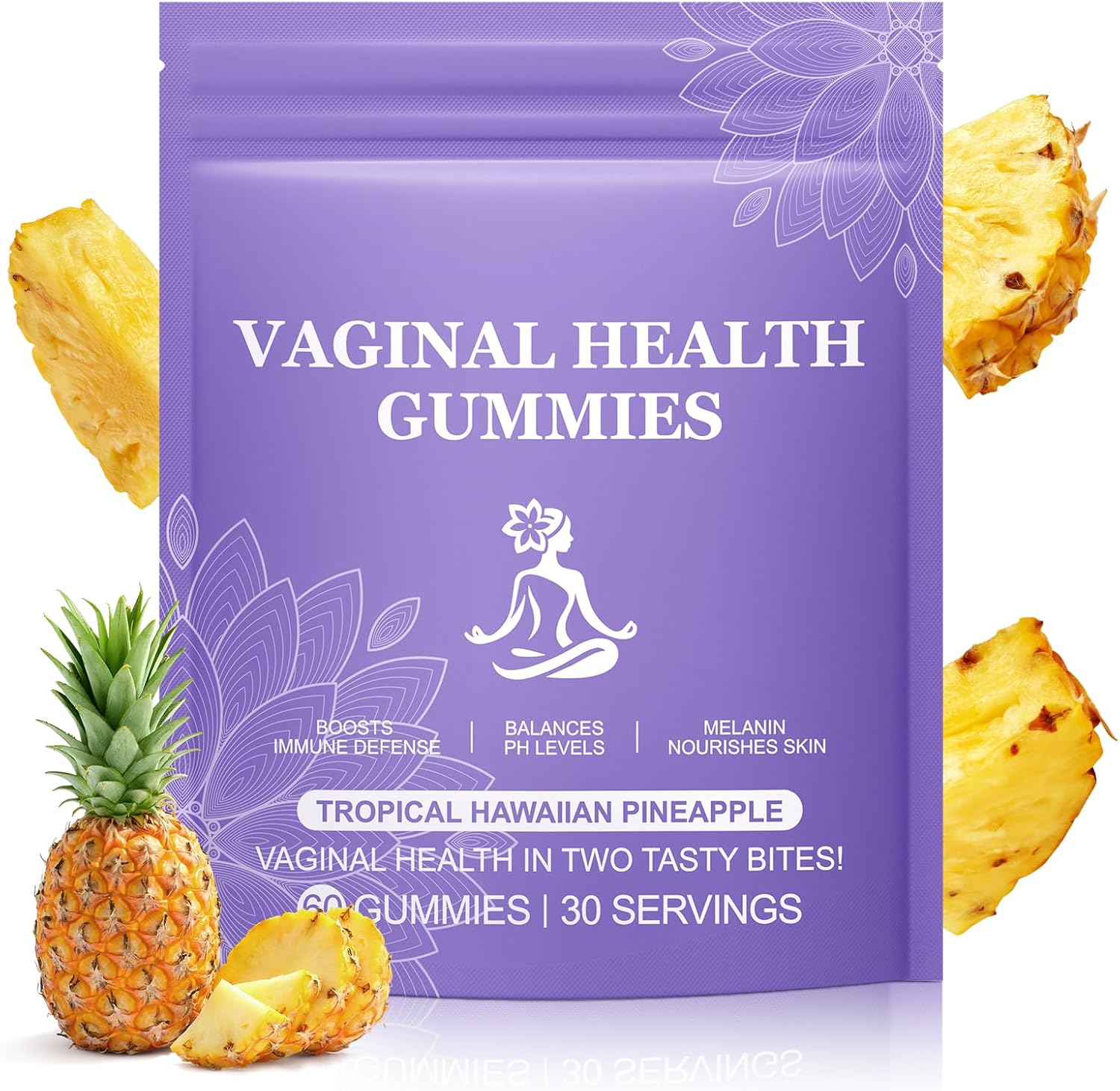 Feminine PH Balance Gummies for Women - Gominolas de Probióticos con Sabor a Piña Natural - Vegano, Sin Gluten - 30 Dosis
