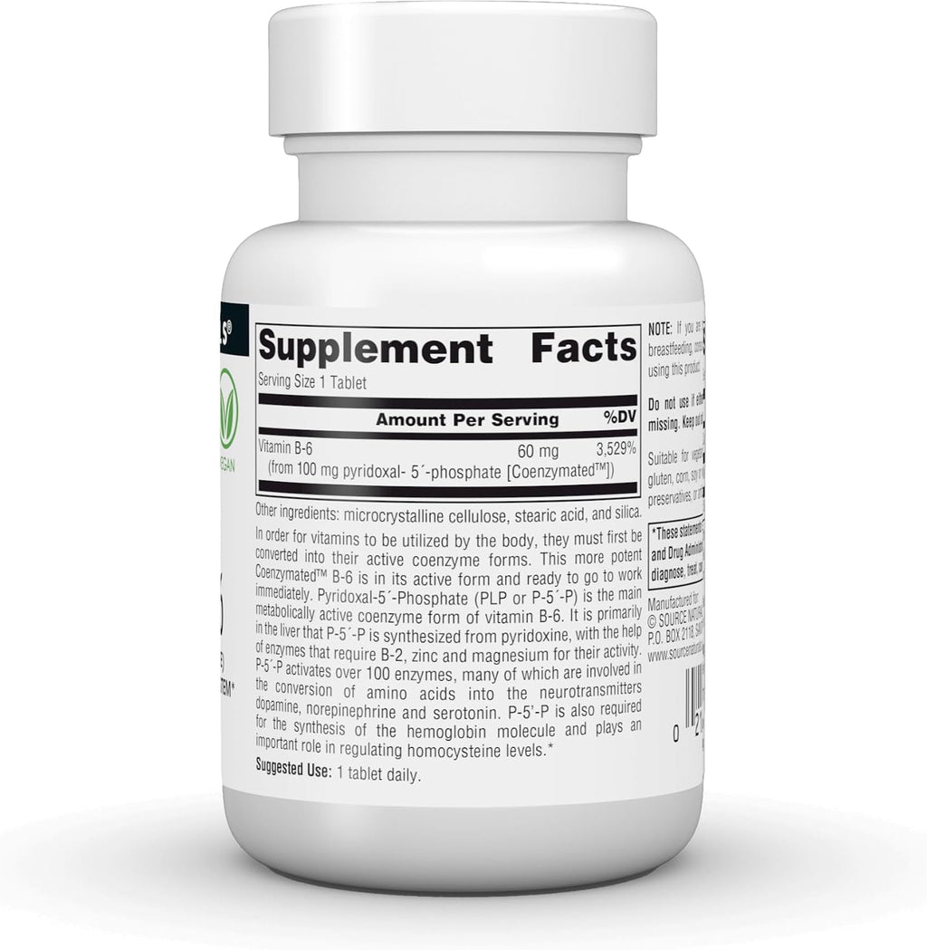 Source Naturals Coenzymated B-6 – Piridoxal Fosfato (P-5'-P) 100 mg, 60 Comprimidos