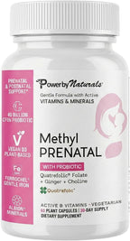 Power By Naturals Methyl Prenatal con Probióticos – Vitaminas prenatales con hierro, metilfolato, B12 y 28 nutrientes y botánicos – Vegano, sin gluten – 60 cápsulas (1 mes)