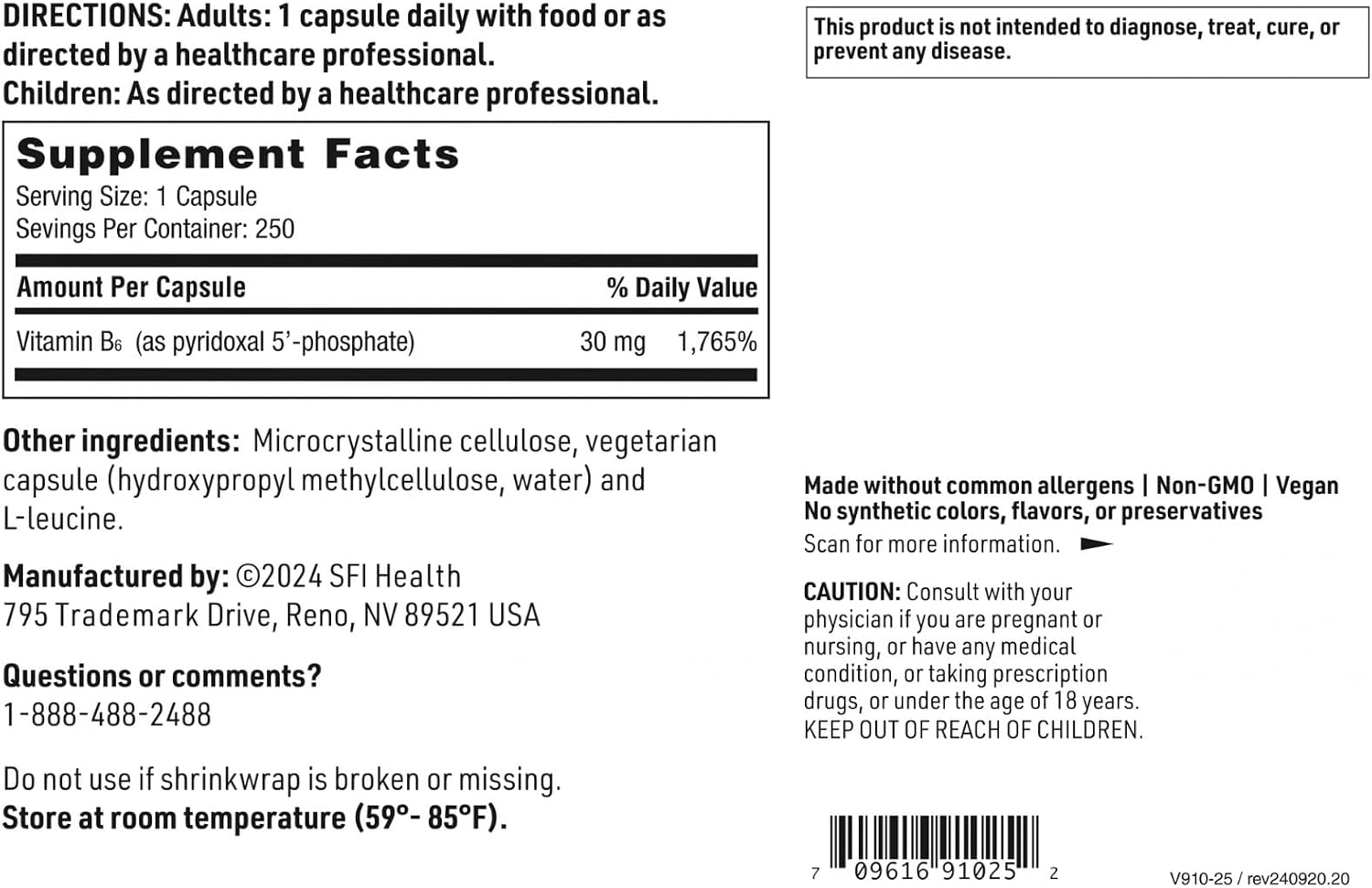 Klaire Labs SFI Health P-5-P - 30 mg de vitamina B6 bioactiva (piridoxal-5-fosfato) para apoyo metabólico, hipoalergénico (250 cápsulas)
