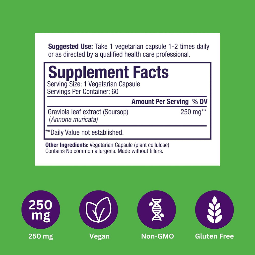 Paradise Herbs Graviola, Extracto de Hoja de Graviola, Superalimento Antioxidante Guanábana, Extracto de Espectro Completo, Ultra Puro, Vegano, No OGM, Sin Gluten, 60 Cápsulas Vegetarianas