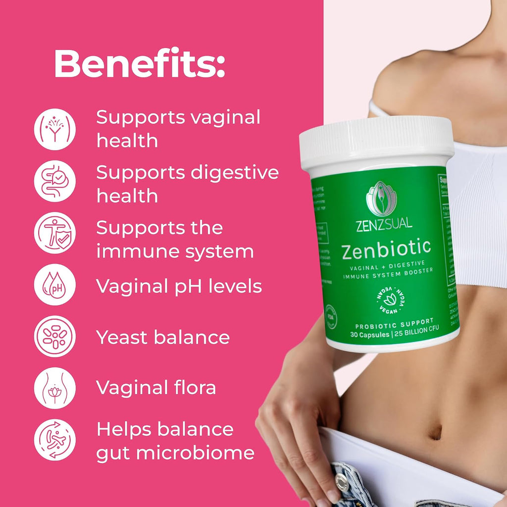 ZENZSUAL Zenbiotic Probióticos para Mujeres – 25 Mil Millones UFC, Salud Vaginal y Equilibrio del pH, Control de Olores y Levaduras, Salud Digestiva e Intestinal, Confort Urinario, 30 Cápsulas Veganas