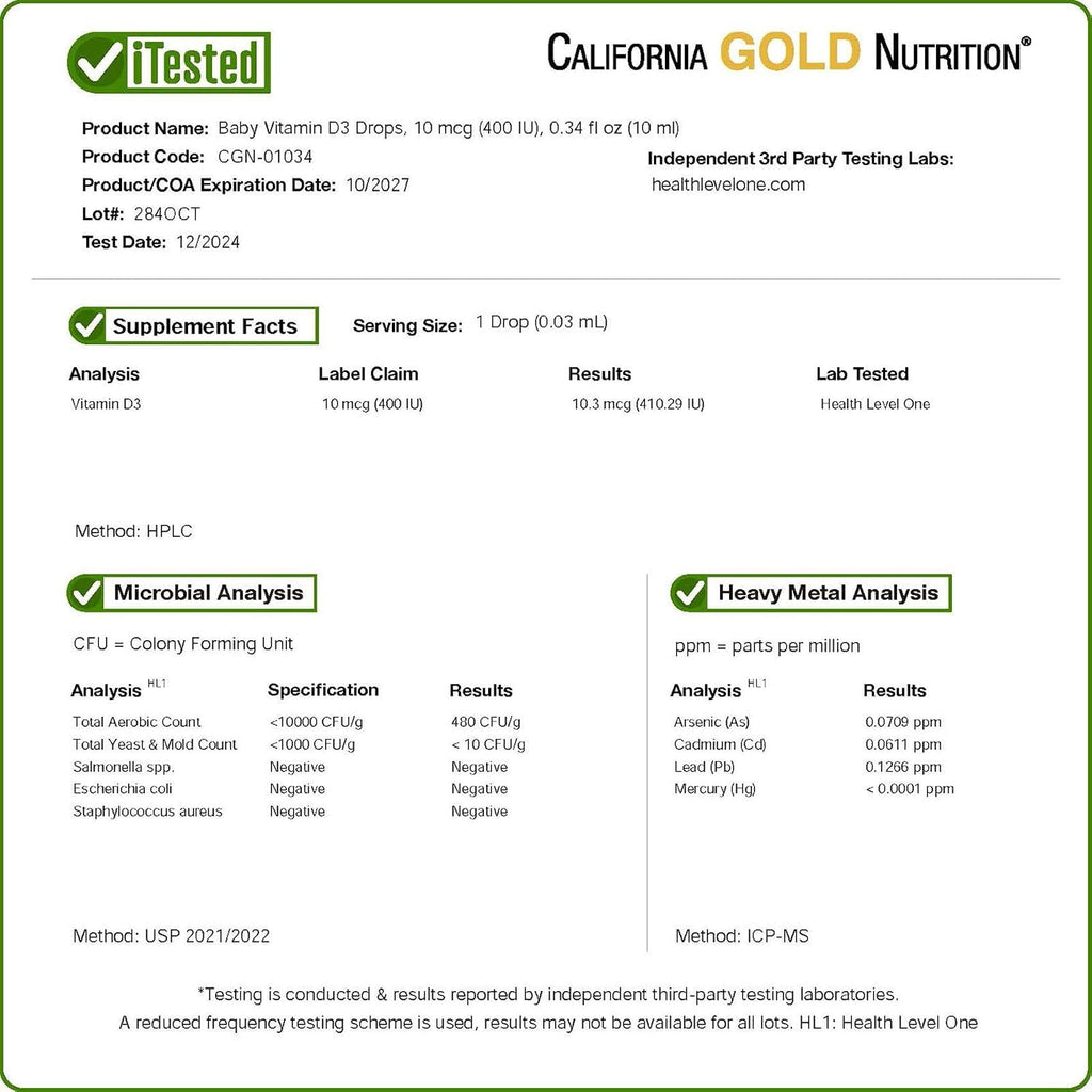 California Gold Nutrition Vitamina D3 para Bebés - 10 ml (400 UI por gota)