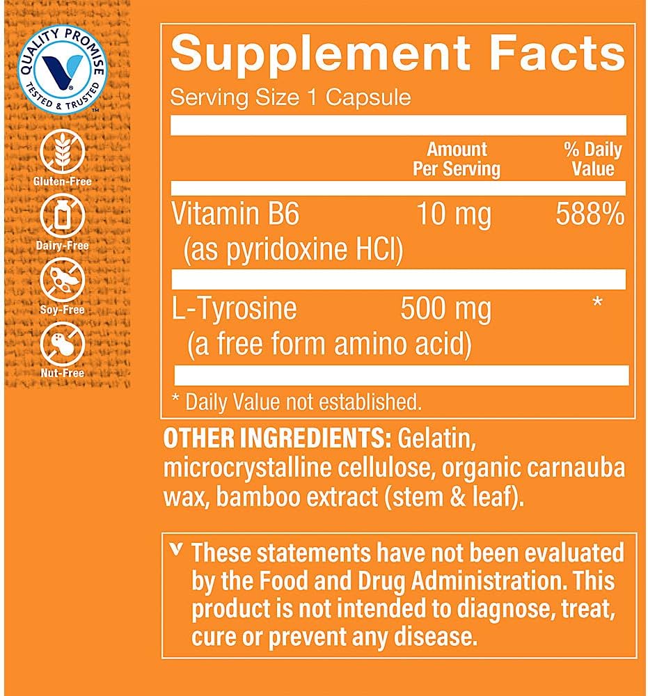 The Vitamin Shoppe L-Tirosina 500mg - Enfoque Mental y Apoyo al Estrés | Aminoácido de Forma Libre | 300 Cápsulas | Salud Cognitiva