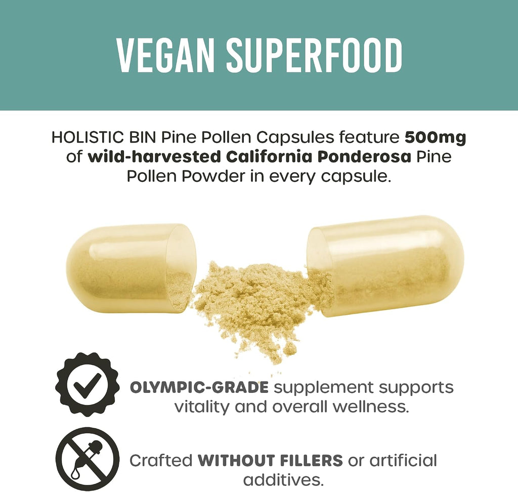 Cápsulas de Polen de Pino 500mg (Pinus Ponderosa) - Recolectado Salvaje en California - Grado Olímpico - Orgánico, No-GMO, Sin Rellenos - 40 Cápsulas