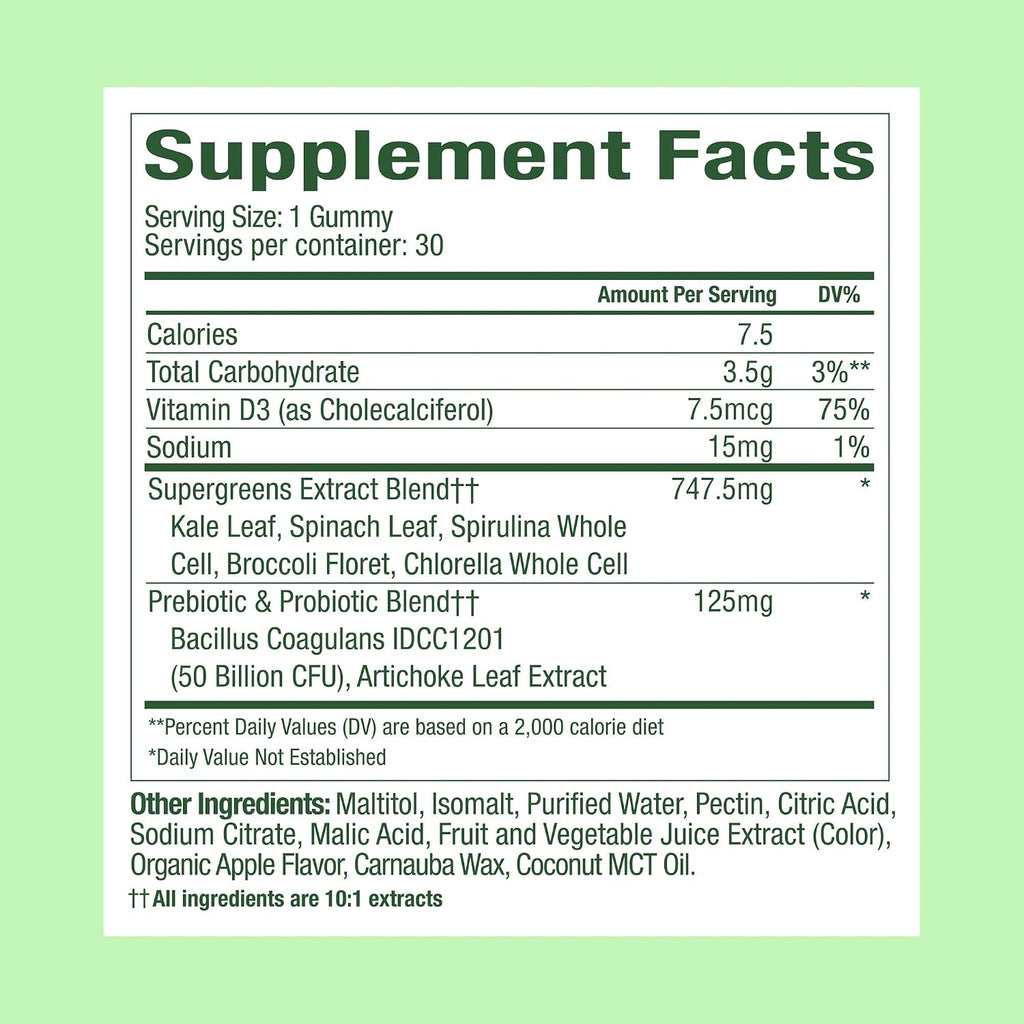 WonderGreens Kids Super Veggie Gummies - Gomitas de verduras sin azúcar para niños con probióticos - Sabor a manzana verde (30 unidades)