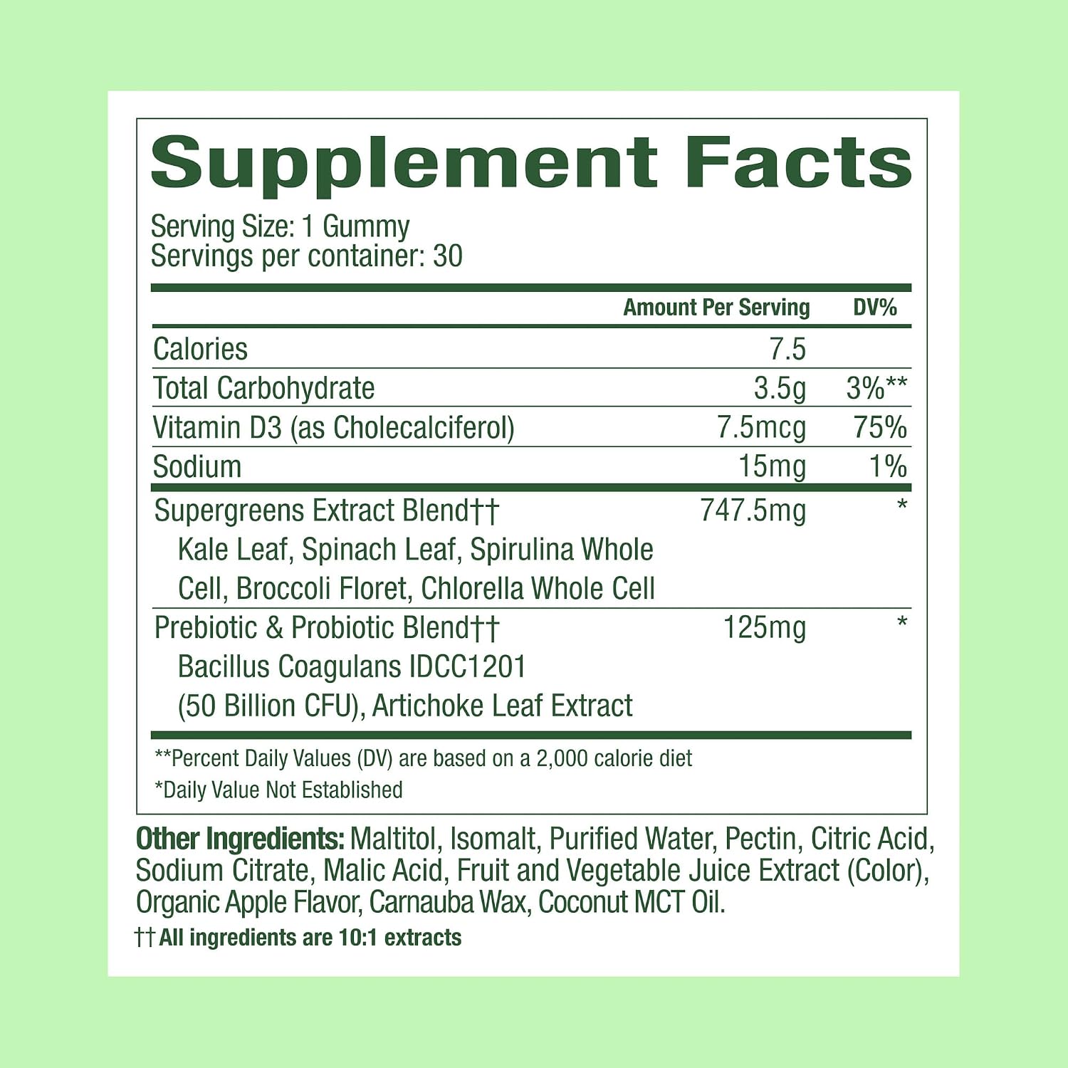 WonderGreens Kids Super Veggie Gummies - Gomitas de verduras sin azúcar para niños con probióticos - Sabor a manzana verde (30 unidades)