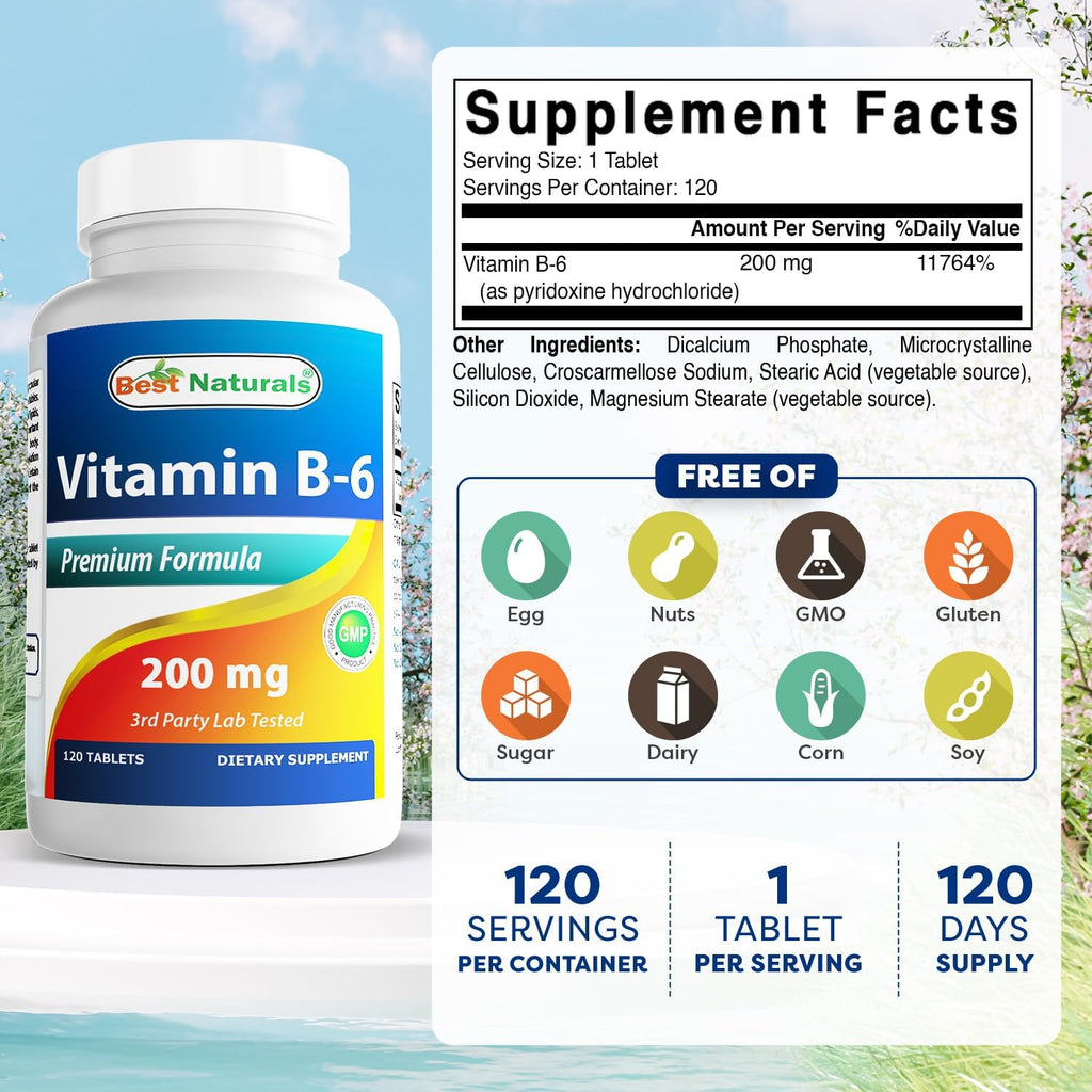 Best Naturals Vitamina B6 200 mg para Adultos, 120 Comprimidos