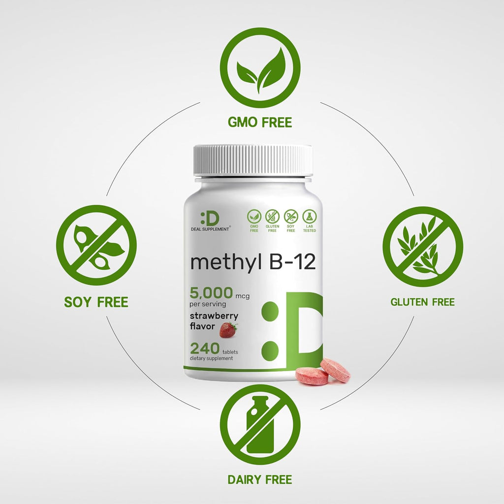 DEAL SUPPLEMENT Methyl B-12 5000 mcg, 240 Comprimidos Masticables | Forma Activa - Sabor Fresa - Energía y Función Cerebral - Vegano y Sin OGM