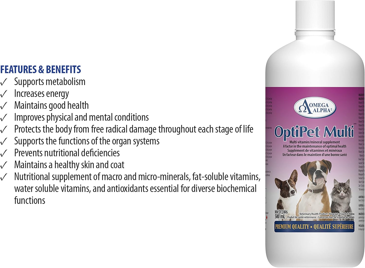 Omega Alpha - OptiPet Multi - Multivitamínico para Perros y Gatos - 500ml