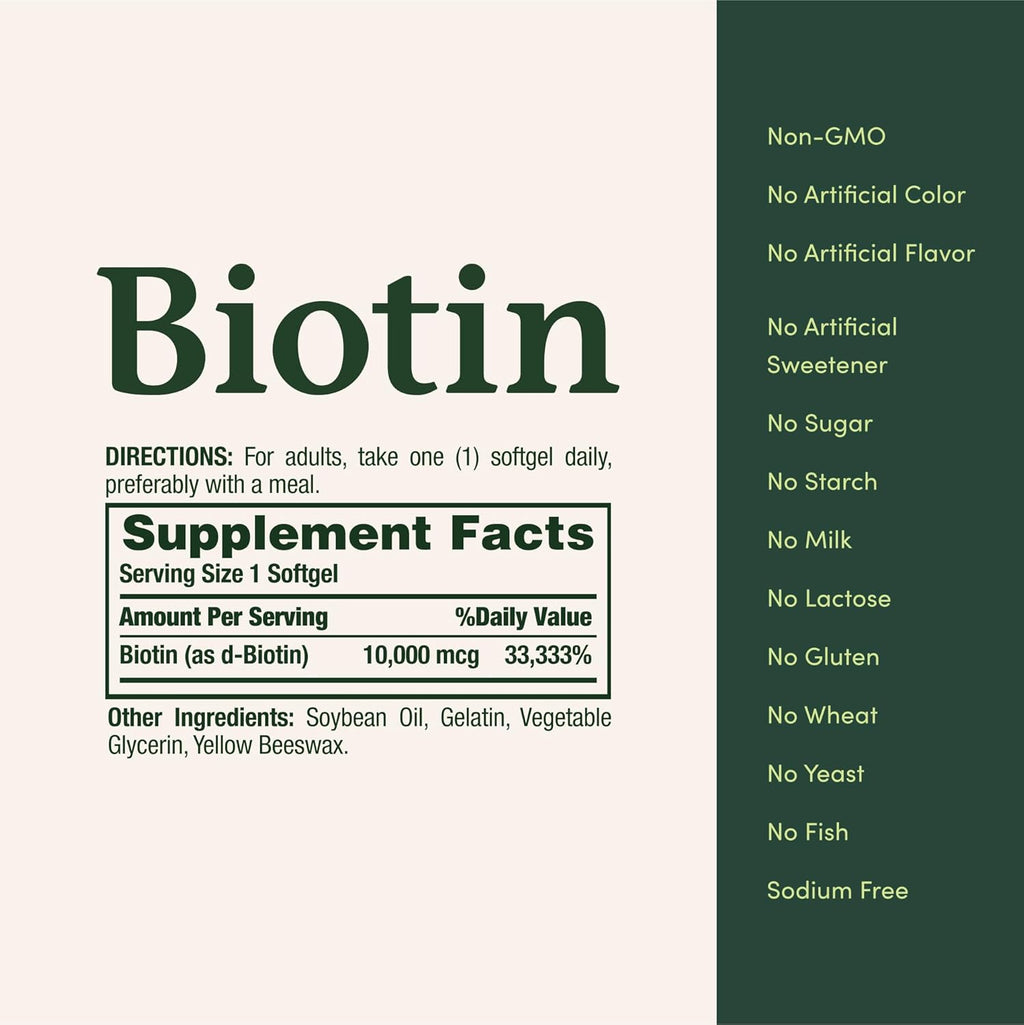 Nature's Bounty Biotina 10,000 mcg, Cápsulas Blandas de Liberación Rápida, 180 Unidades