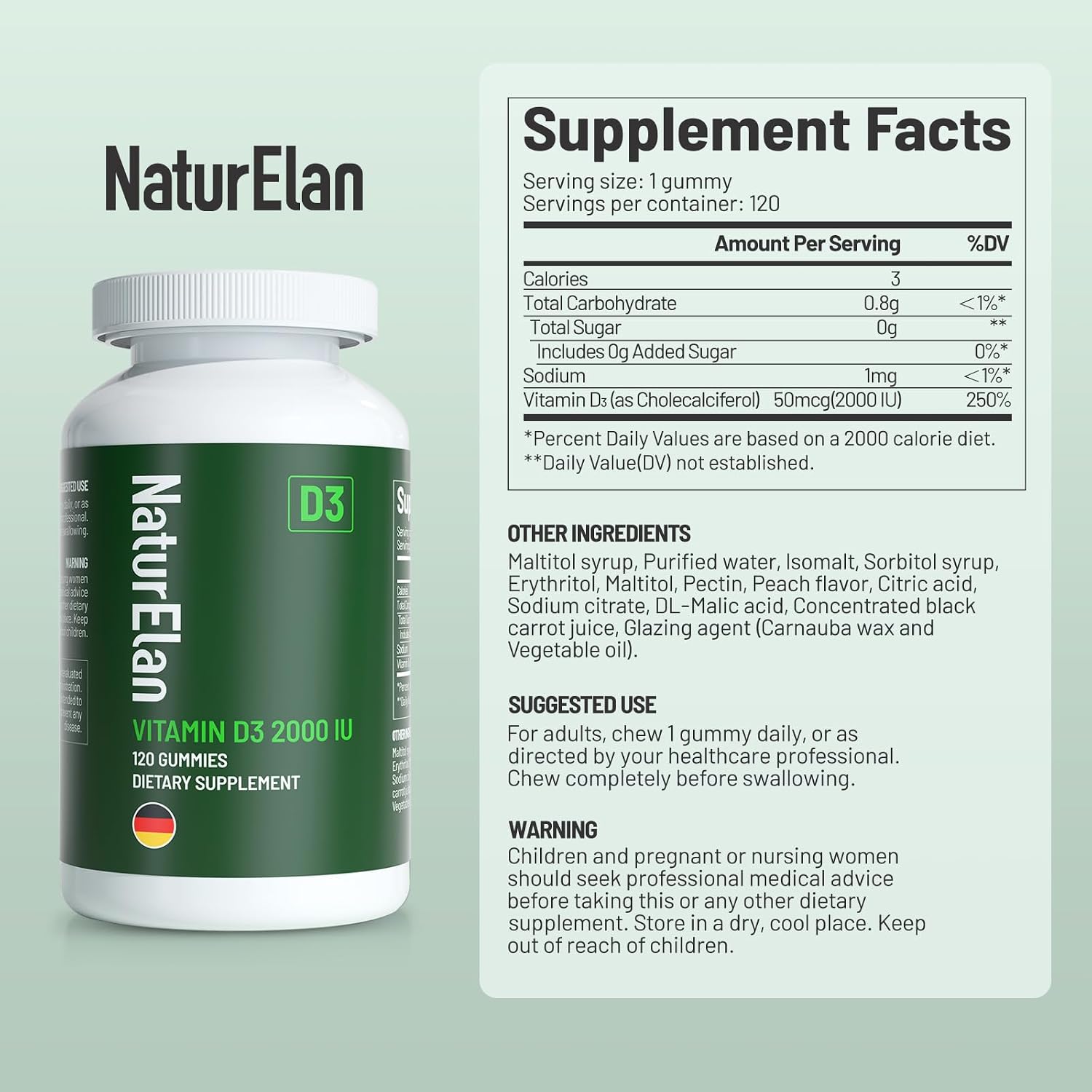 Gominolas de Vitamina D3 NaturElan - 2000 IU, 120 Gominolas, Sin Azúcar, Vegano