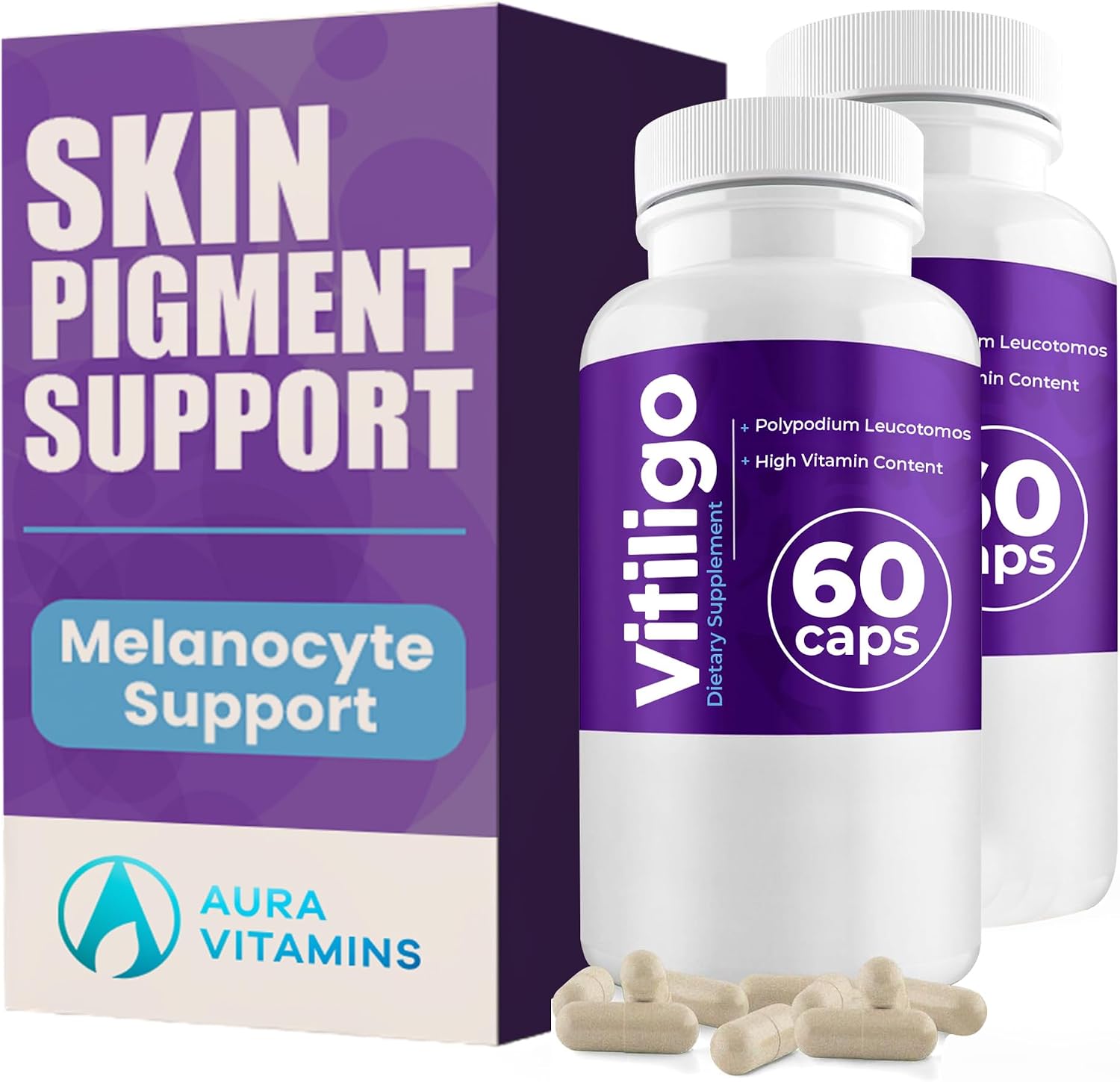 AURA VITAMINS Cápsulas para Vitíligo – 60 unidades – Apoyo a la Pigmentación de la Piel
