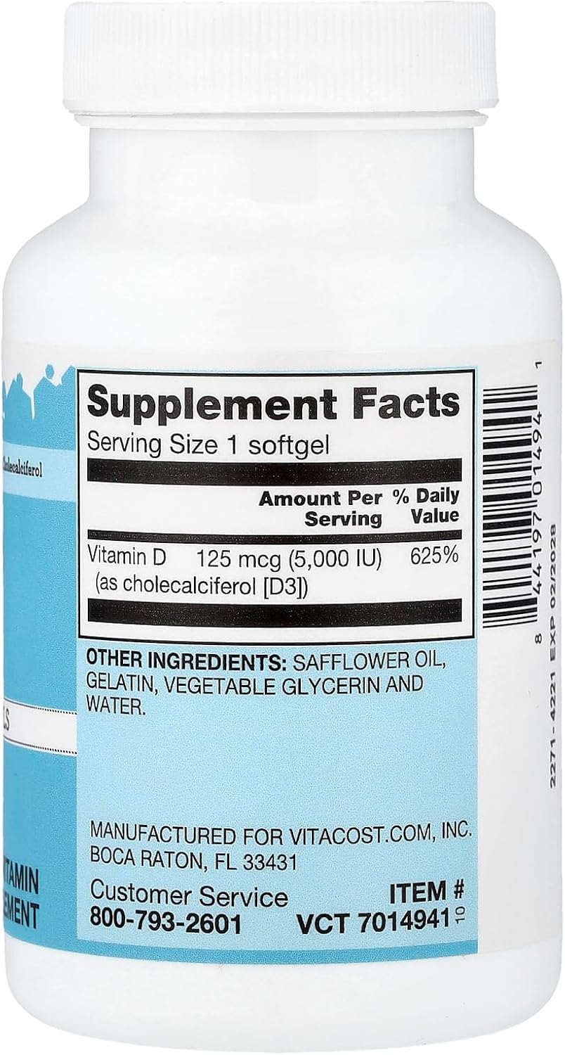 Vitacost Vitamina D3 Mini Gels, 125 mcg (5.000 IU), 200 Cápsulas Blandas