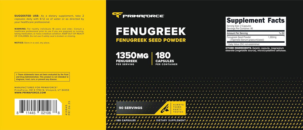 Primaforce Fenugreek Seed Capsules (180 Cápsulas / 1350 mg por dosis, dosis de 2 cápsulas) - Complemento Herbal Premium para Hombres y Mujeres, No Transgénico, Sin Gluten